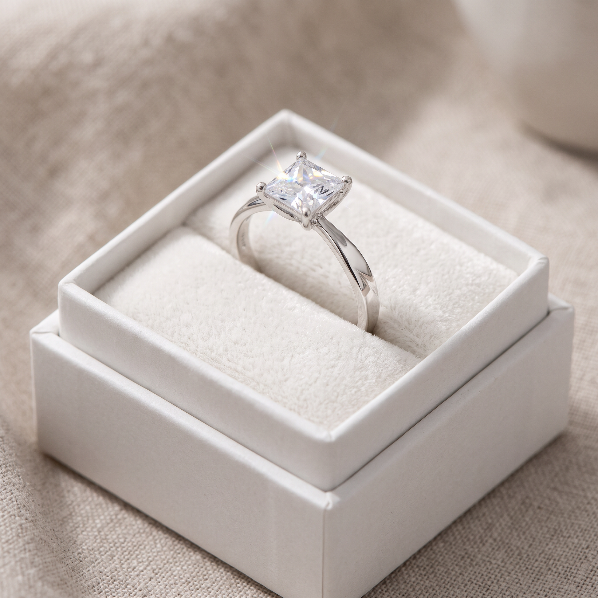 Sterling Silver Solitaire Princess Cut CZ Ring in a white gift box, solitaire princess cut cz gift for her