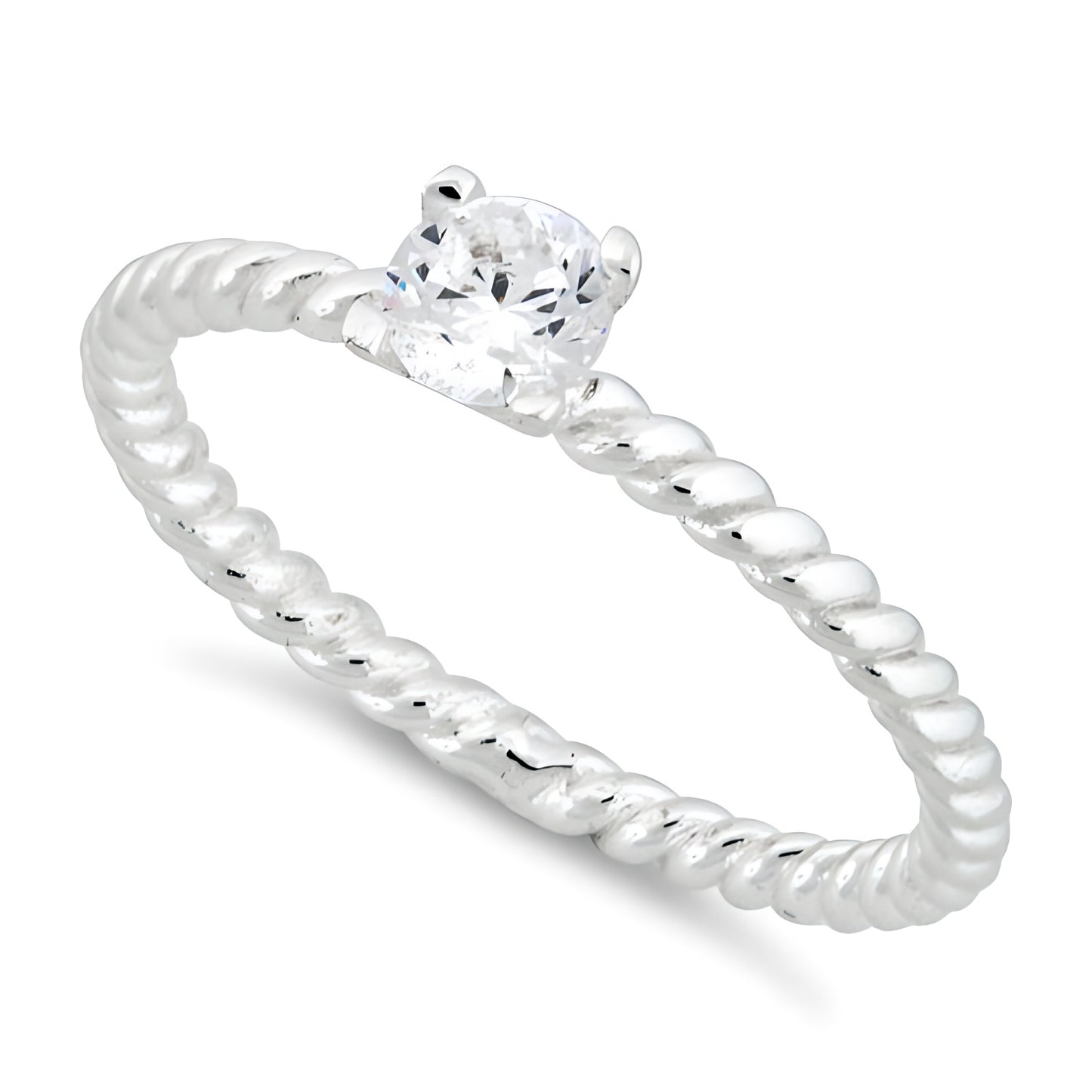 Sterling Silver Solitaire CZ Rope Ring for Women, Cubic Zirconia, Promise Ring Gift
