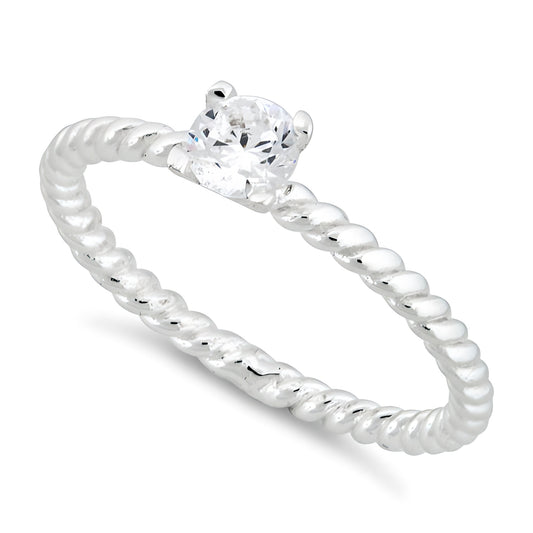 Sterling Silver Solitaire CZ Rope Ring for Women, Cubic Zirconia, Promise Ring Gift
