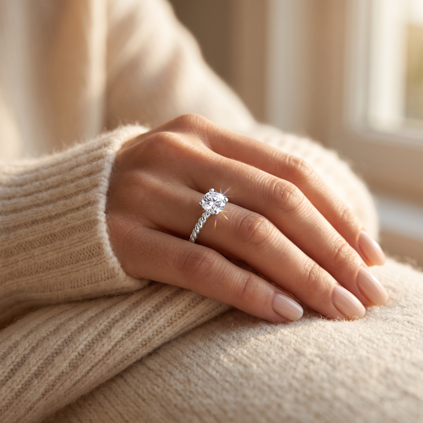 Sterling Silver Solitaire CZ Rope Ring worn on a woman's hand in warm window light