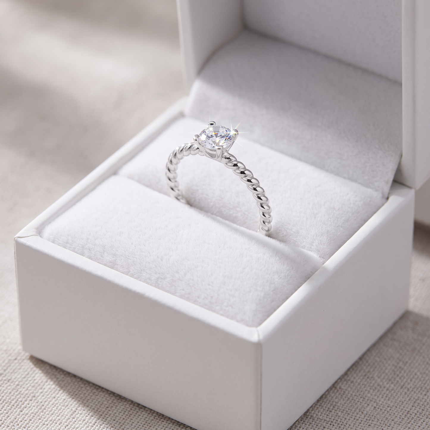 Sterling Silver Solitaire CZ Rope Ring in a white gift box, solitaire cz rope gift for her
