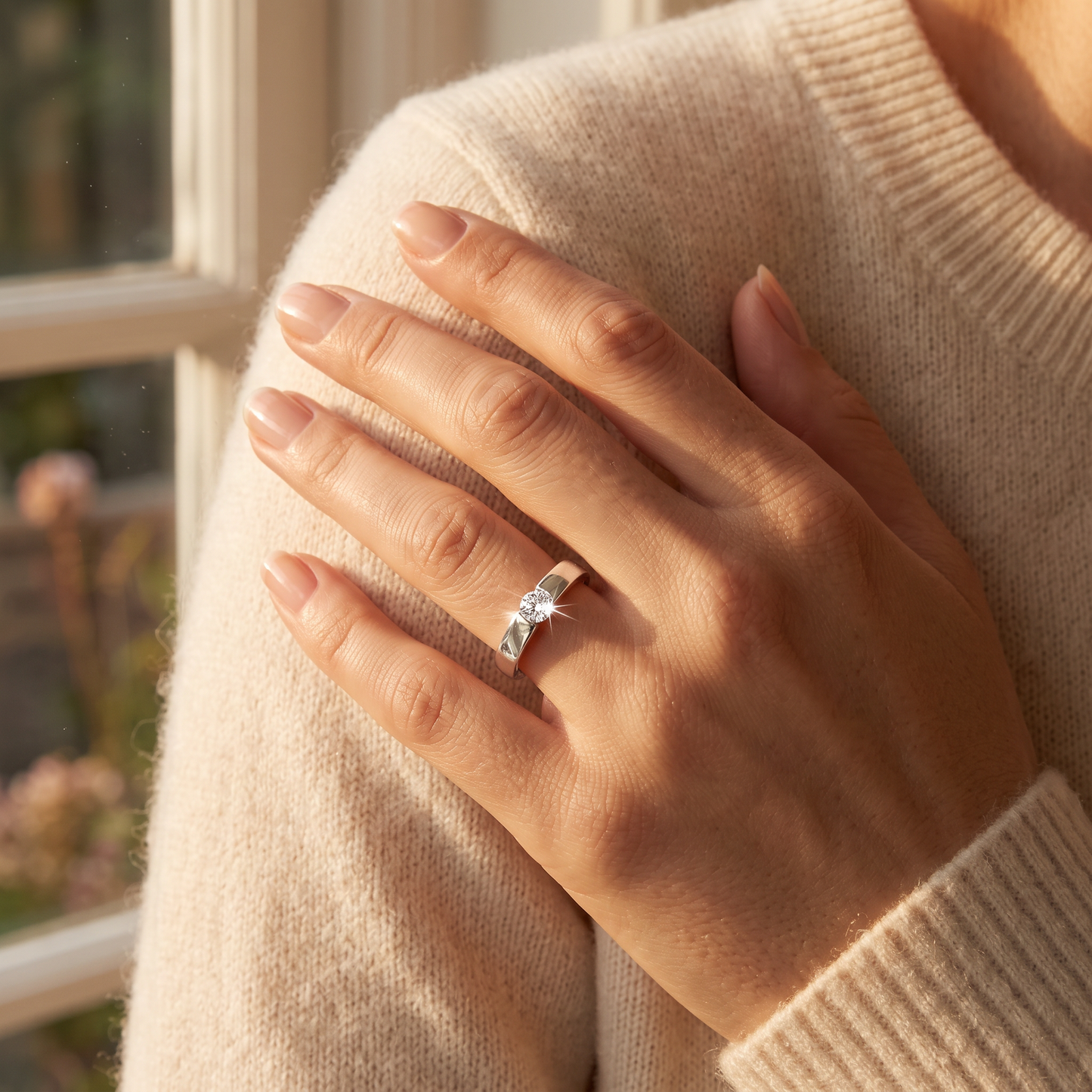 Sterling Silver Round Clear CZ Ring worn on a woman's hand in warm window light