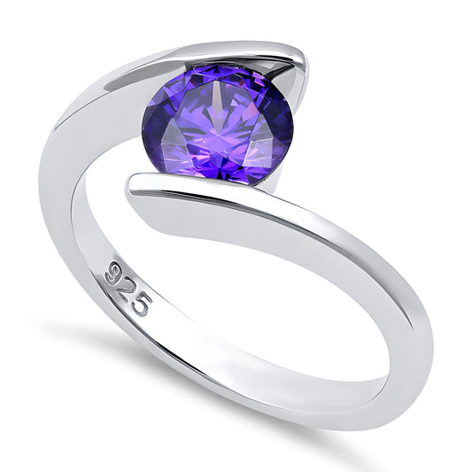 Sterling Silver Round Bezel Amethyst CZ Ring for Women, Round Cubic Zirconia, Promise Ring Gift