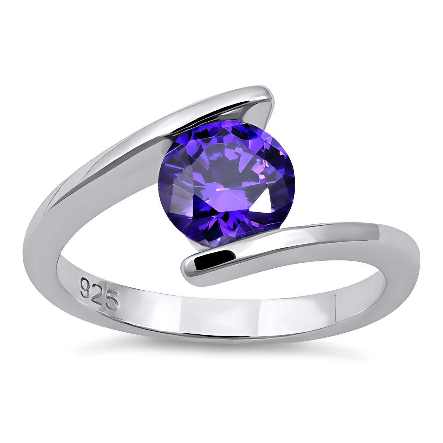 Sterling Silver Round Bezel Amethyst CZ Ring for Women, Round Cubic Zirconia, Promise Ring Gift view 2