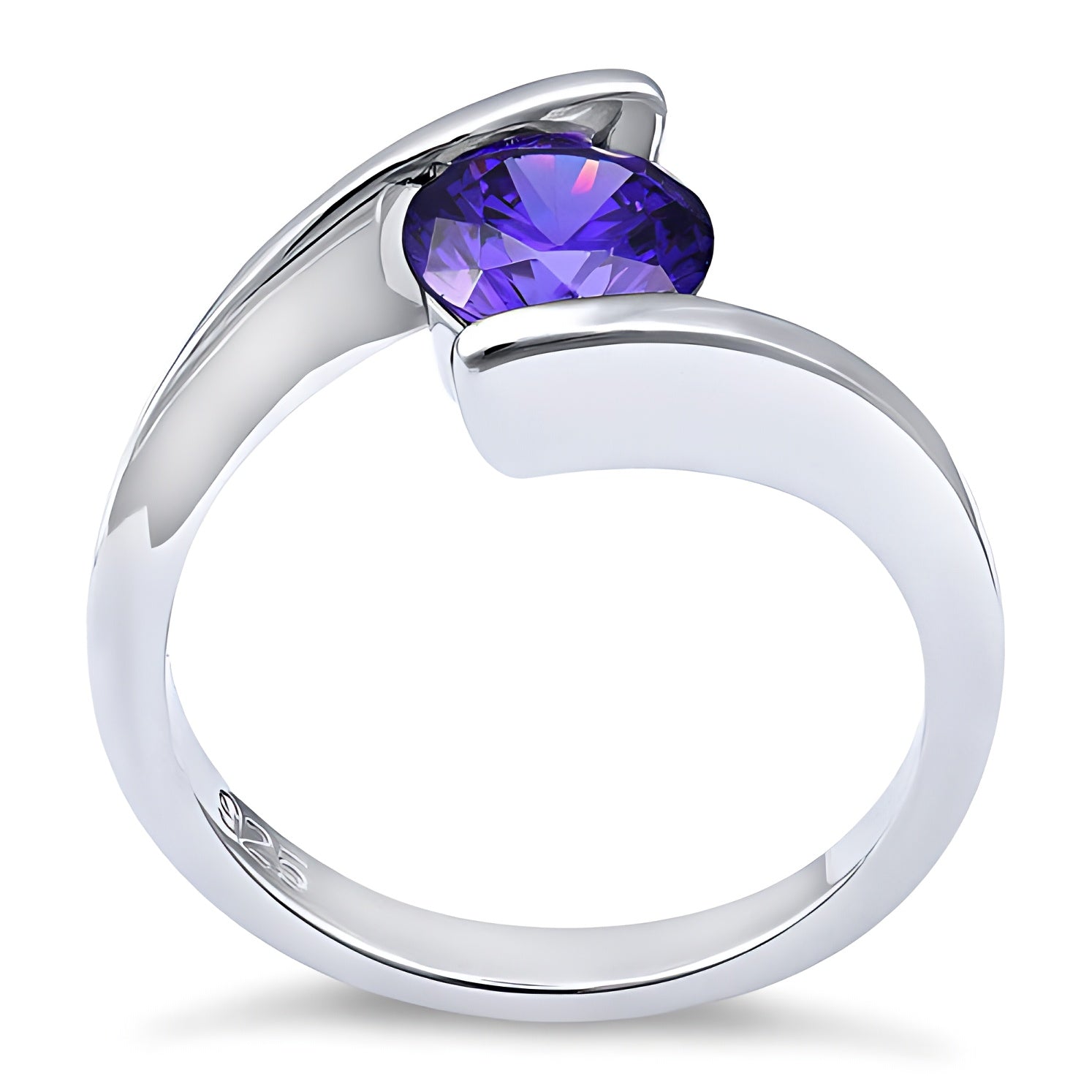 Sterling Silver Round Bezel Amethyst CZ Ring for Women, Round Cubic Zirconia, Promise Ring Gift view 3