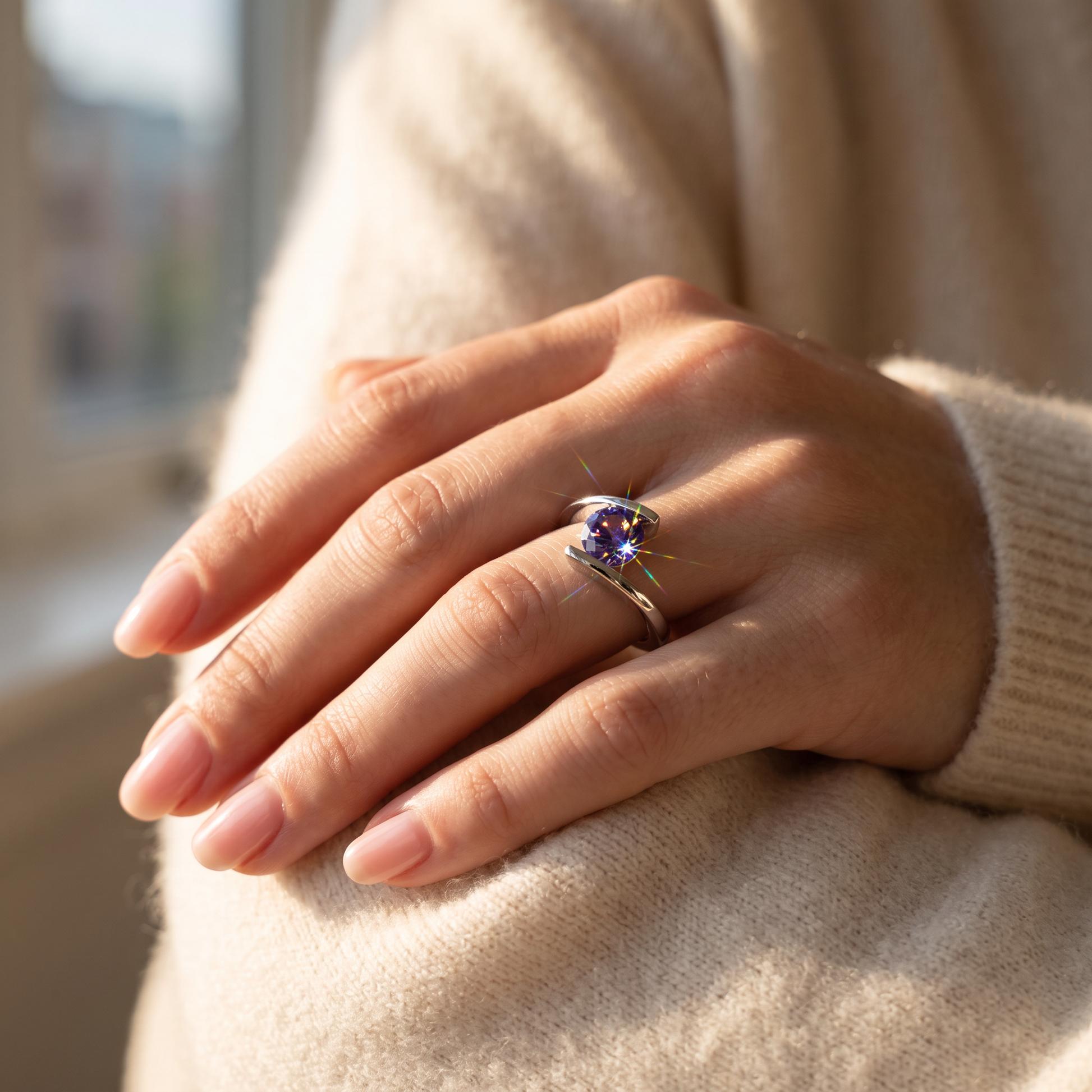 Sterling Silver Round Bezel Amethyst CZ Ring worn on a woman's hand in warm window light