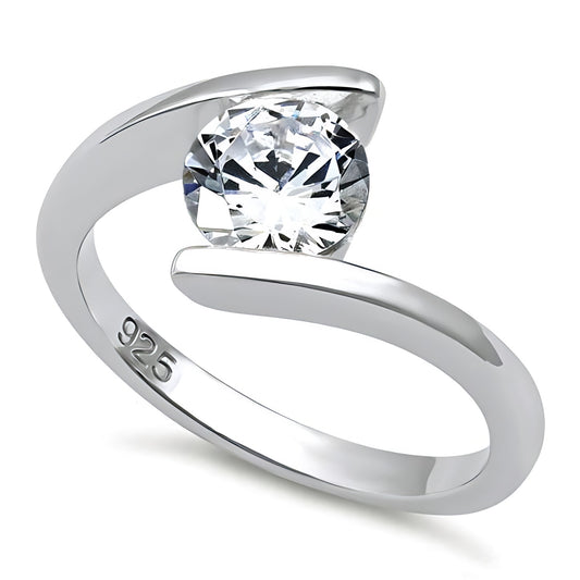 Sterling Silver Round Bezel Clear CZ Ring for Women, Round Cubic Zirconia, Promise Ring Gift