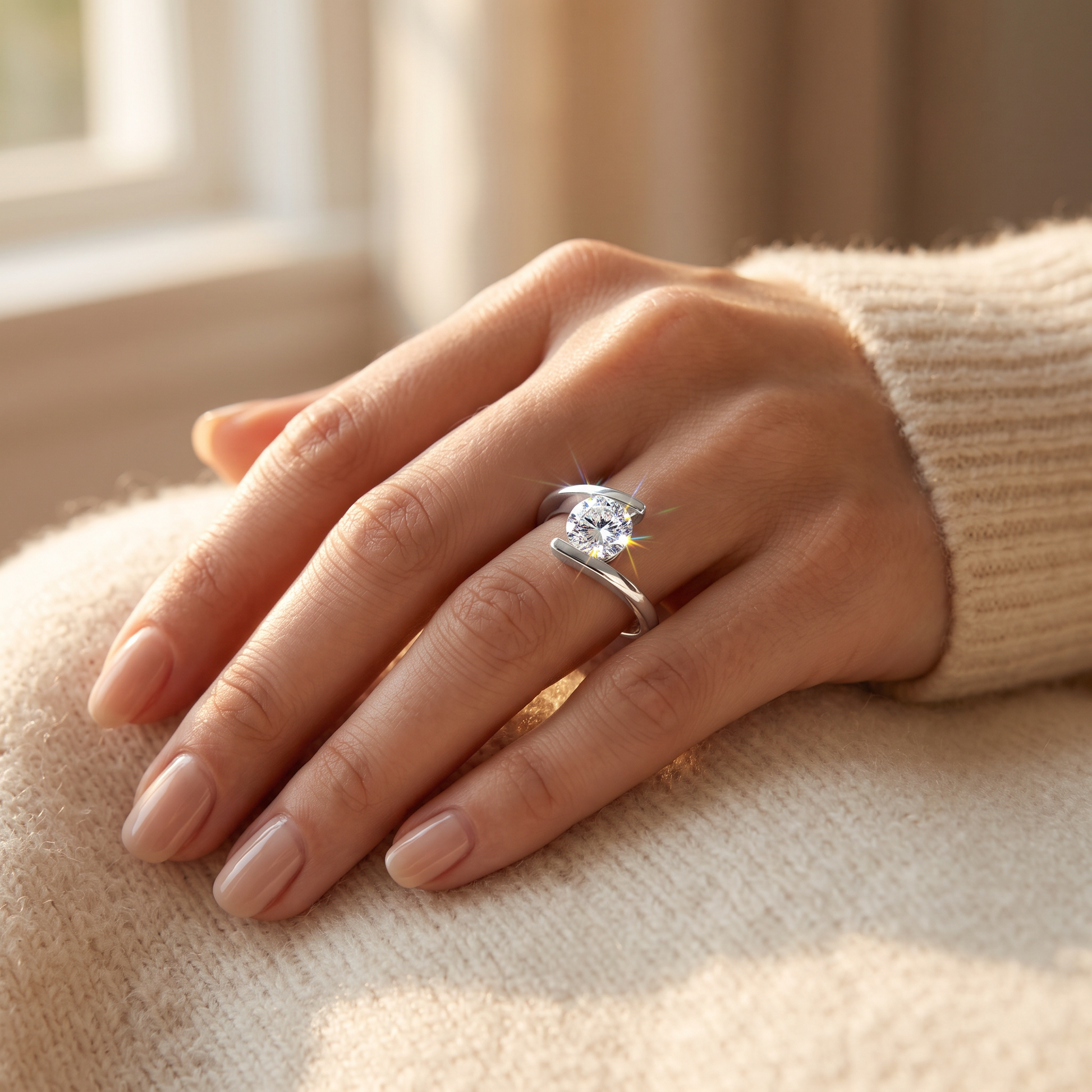 Sterling Silver Round Bezel Clear CZ Ring worn on a woman's hand in warm window light