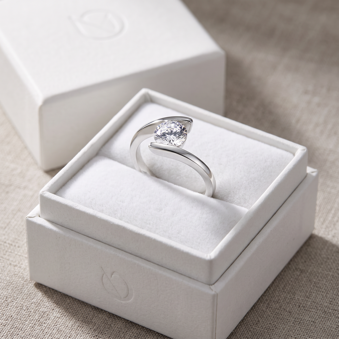 Sterling Silver Round Bezel Clear CZ Ring in a white gift box, round bezel clear cz gift for her