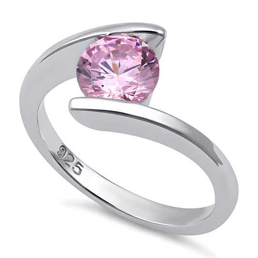 Sterling Silver Round Bezel Pink CZ Ring for Women, Round Cubic Zirconia, Promise Ring Gift