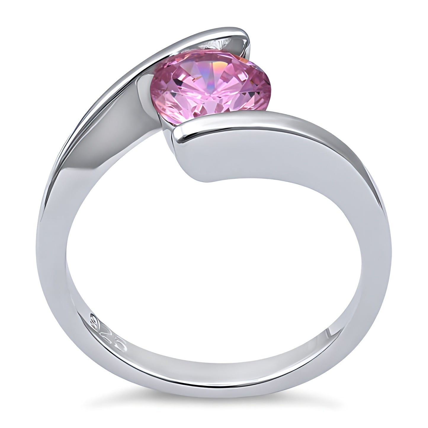 Sterling Silver Round Bezel Pink CZ Ring for Women, Round Cubic Zirconia, Promise Ring Gift view 3