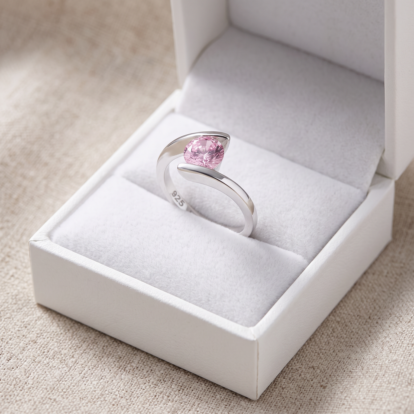 Sterling Silver Round Bezel Pink CZ Ring in a white gift box, round bezel pink cz gift for her