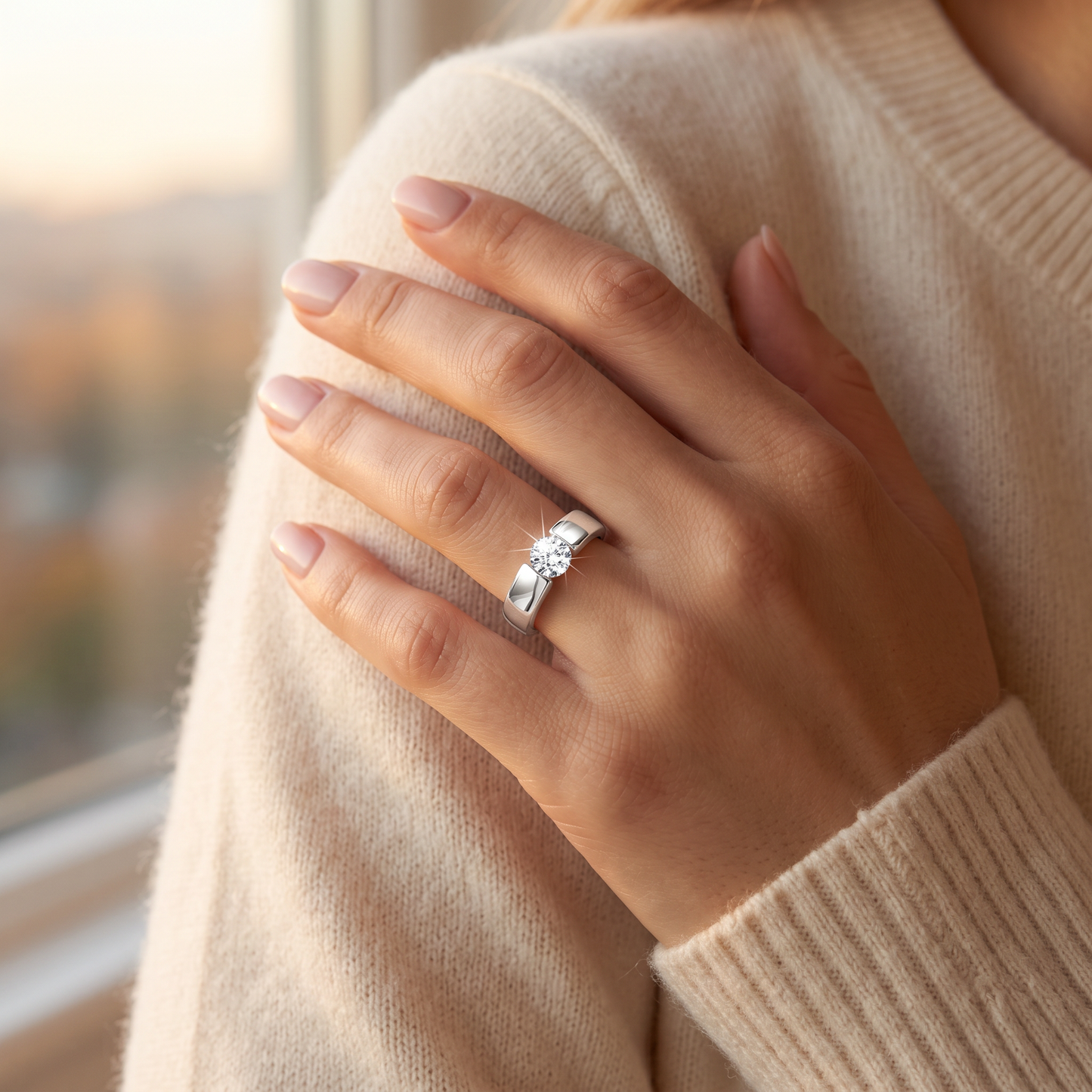 Sterling Silver Channel Bezel Clear CZ Ring worn on a woman's hand in warm window light
