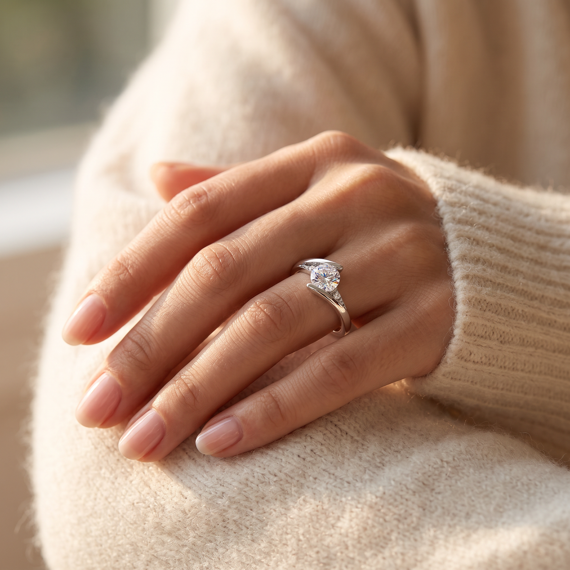 Sterling Silver Stuck In Between Clear CZ Ring worn on a woman's hand in warm window light
