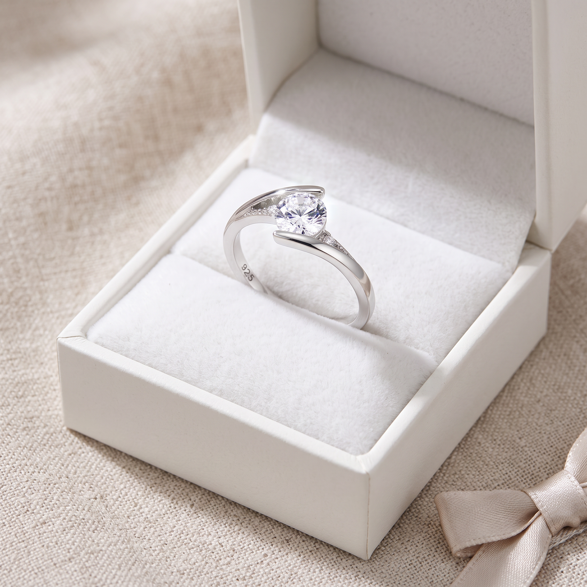 Sterling Silver Stuck In Between Clear CZ Ring in a white gift box, stuck in between clear cz gift for her