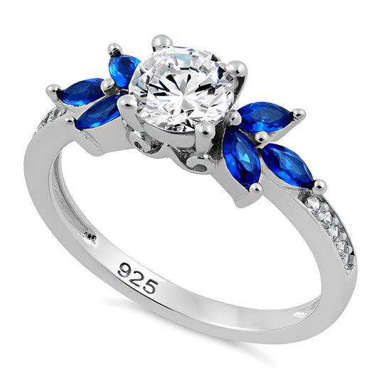 Sterling Silver Flower Leaves Blue Spinel Clear CZ Ring for Women, Cubic Zirconia, Promise Ring Gift
