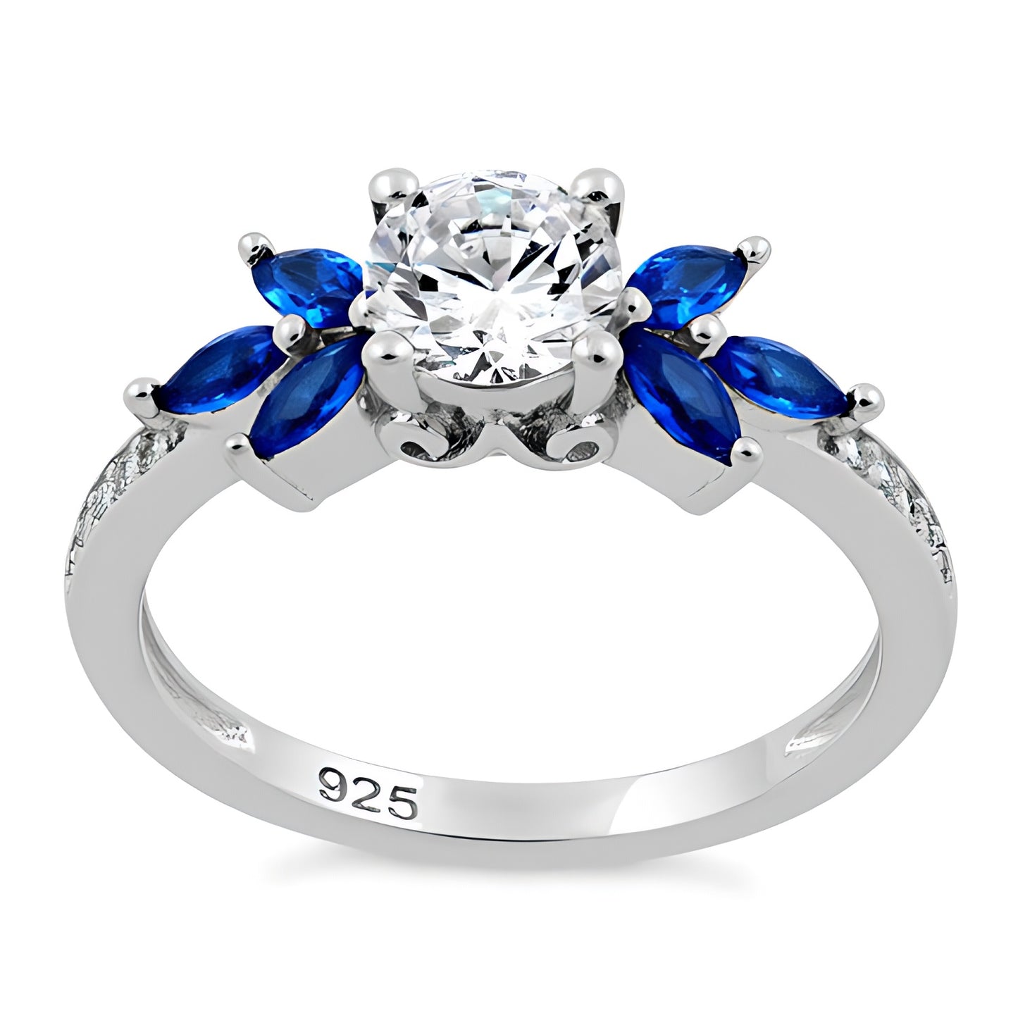 Sterling Silver Flower Leaves Blue Spinel Clear CZ Ring for Women, Cubic Zirconia, Promise Ring Gift view 2