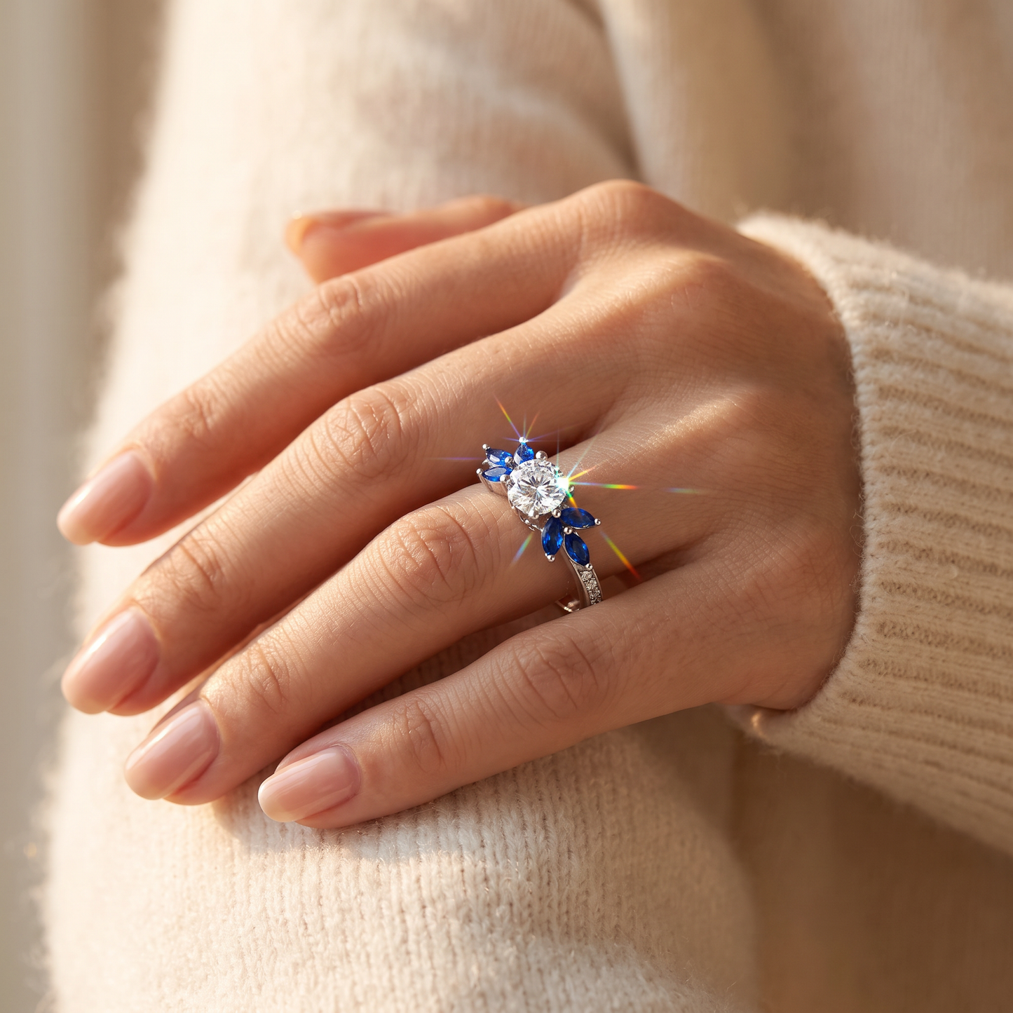 Sterling Silver Flower Leaves Blue Spinel Clear CZ Ring worn on a woman's hand in warm window light