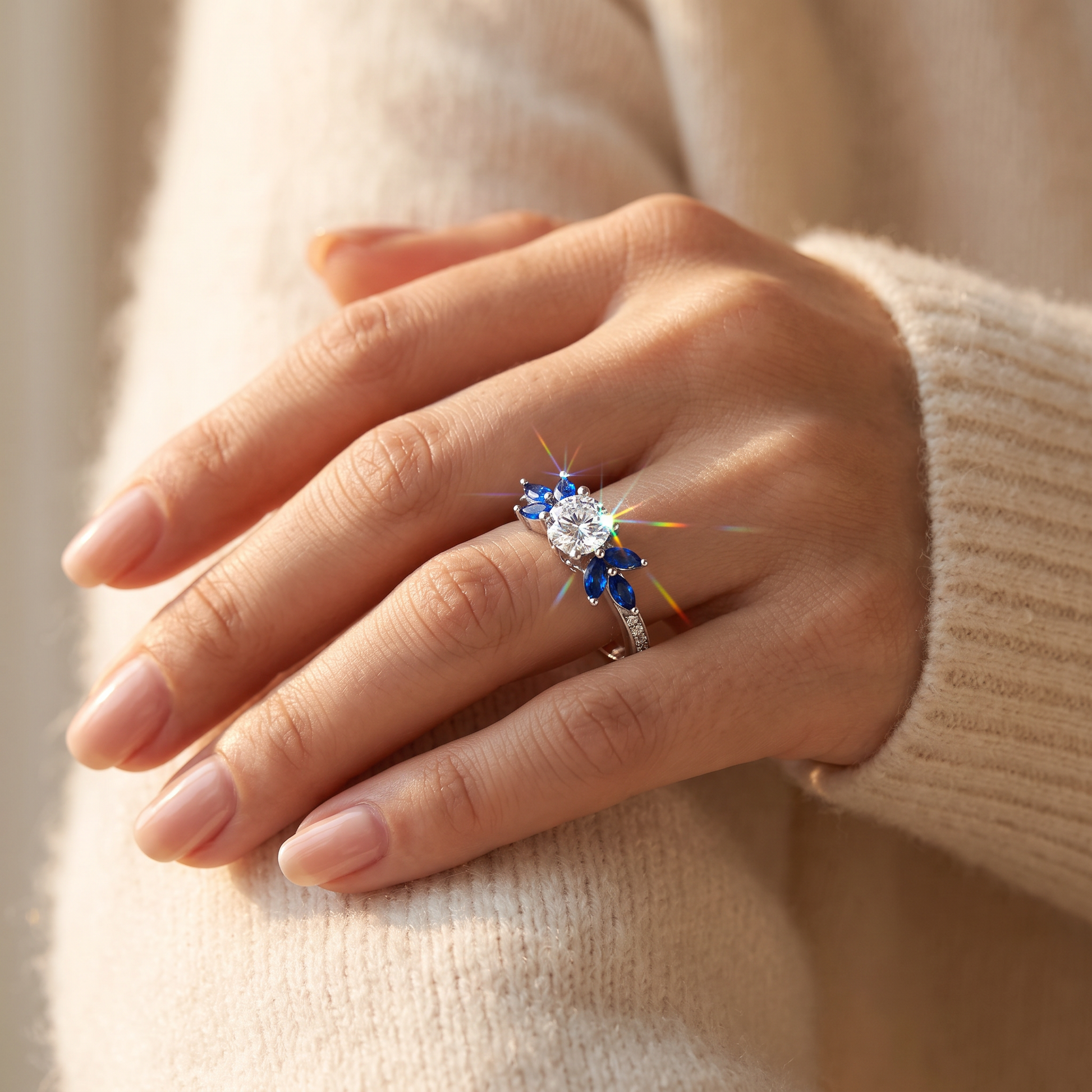 Sterling Silver Flower Leaves Blue Spinel Clear CZ Ring worn on a woman's hand in warm window light