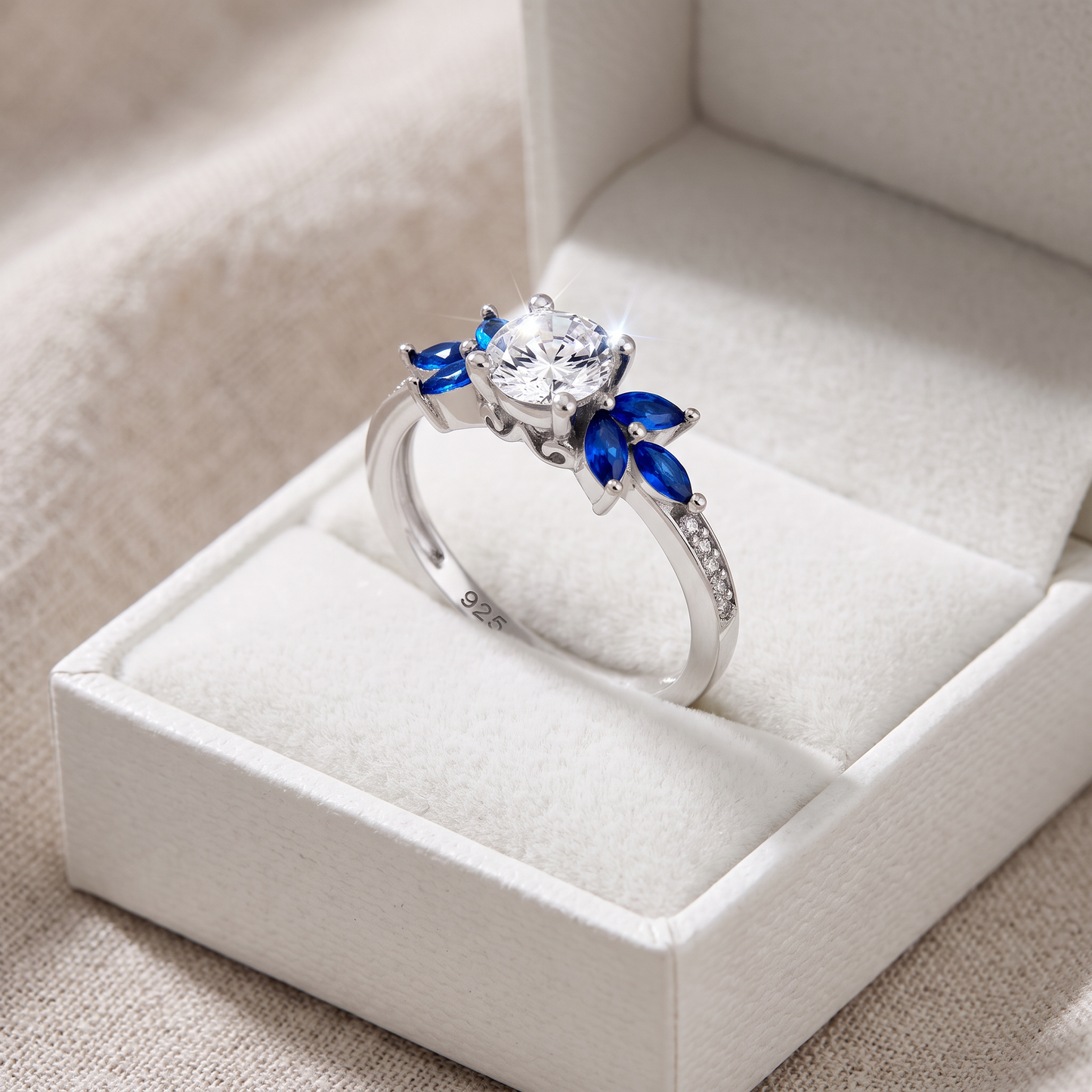 Sterling Silver Flower Leaves Blue Spinel Clear CZ Ring in a white gift box, flower leaves blue spinel clear cz gift for her
