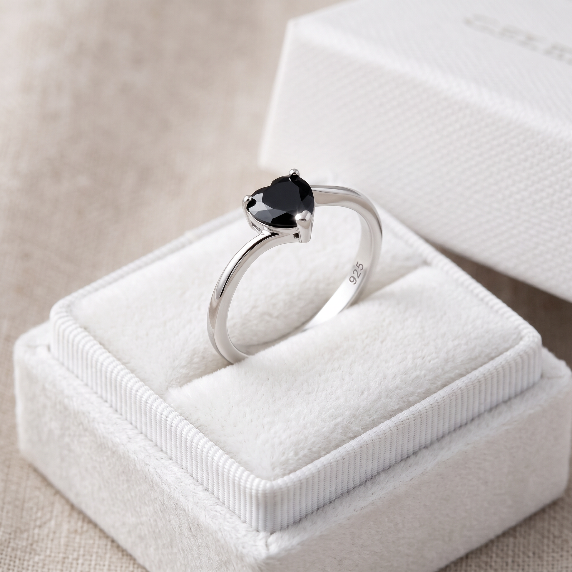 Sterling Silver Black Heart CZ Ring in a white gift box, black heart cz gift for her