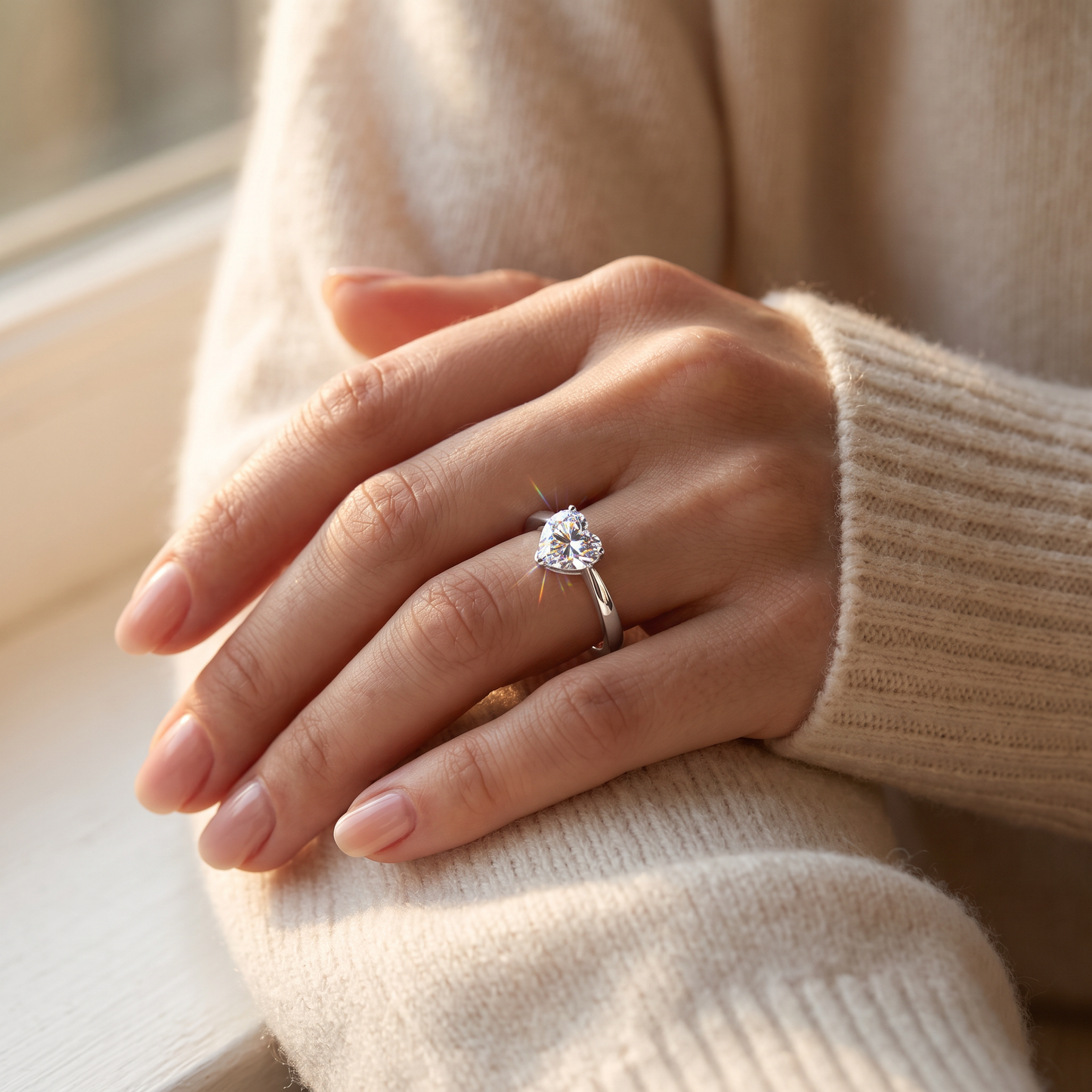 Sterling Silver Heart Clear CZ Ring worn on a woman's hand in warm window light