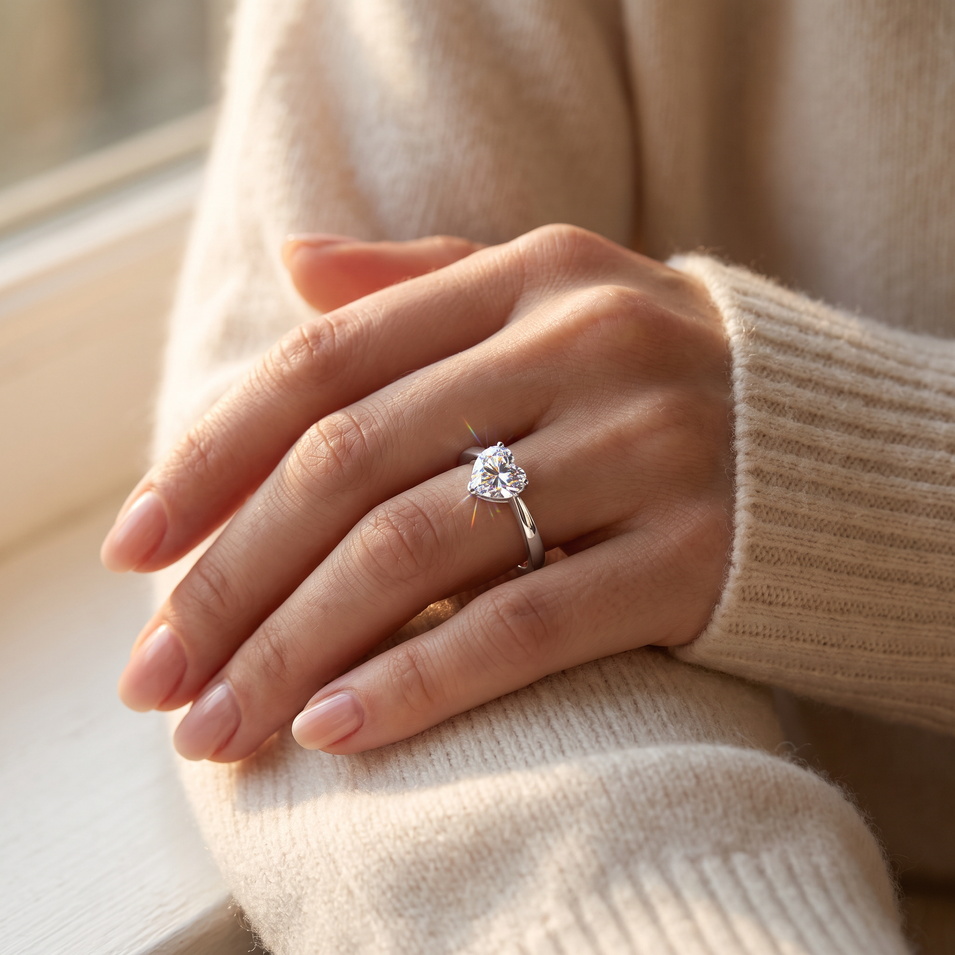 Sterling Silver Heart Clear CZ Ring worn on a woman's hand in warm window light