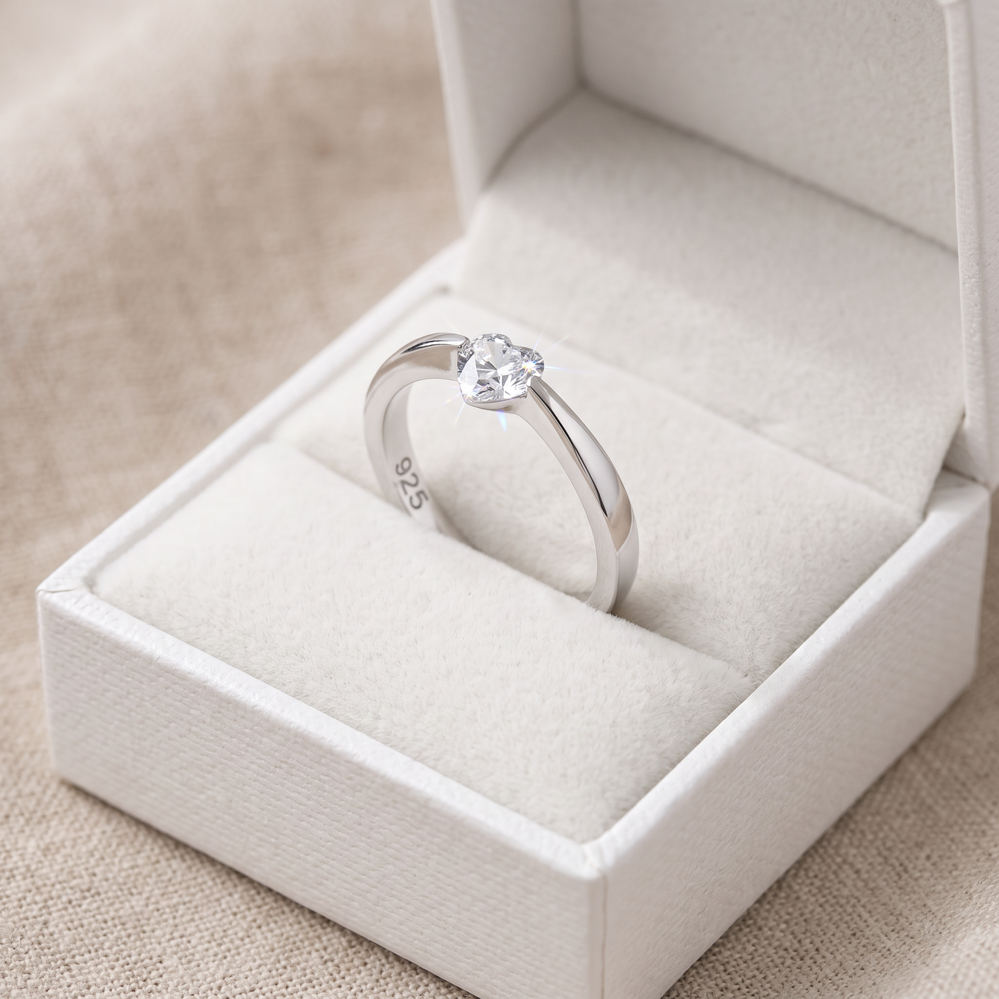Sterling Silver Heart Clear CZ Ring in a white gift box, heart clear cz gift for her