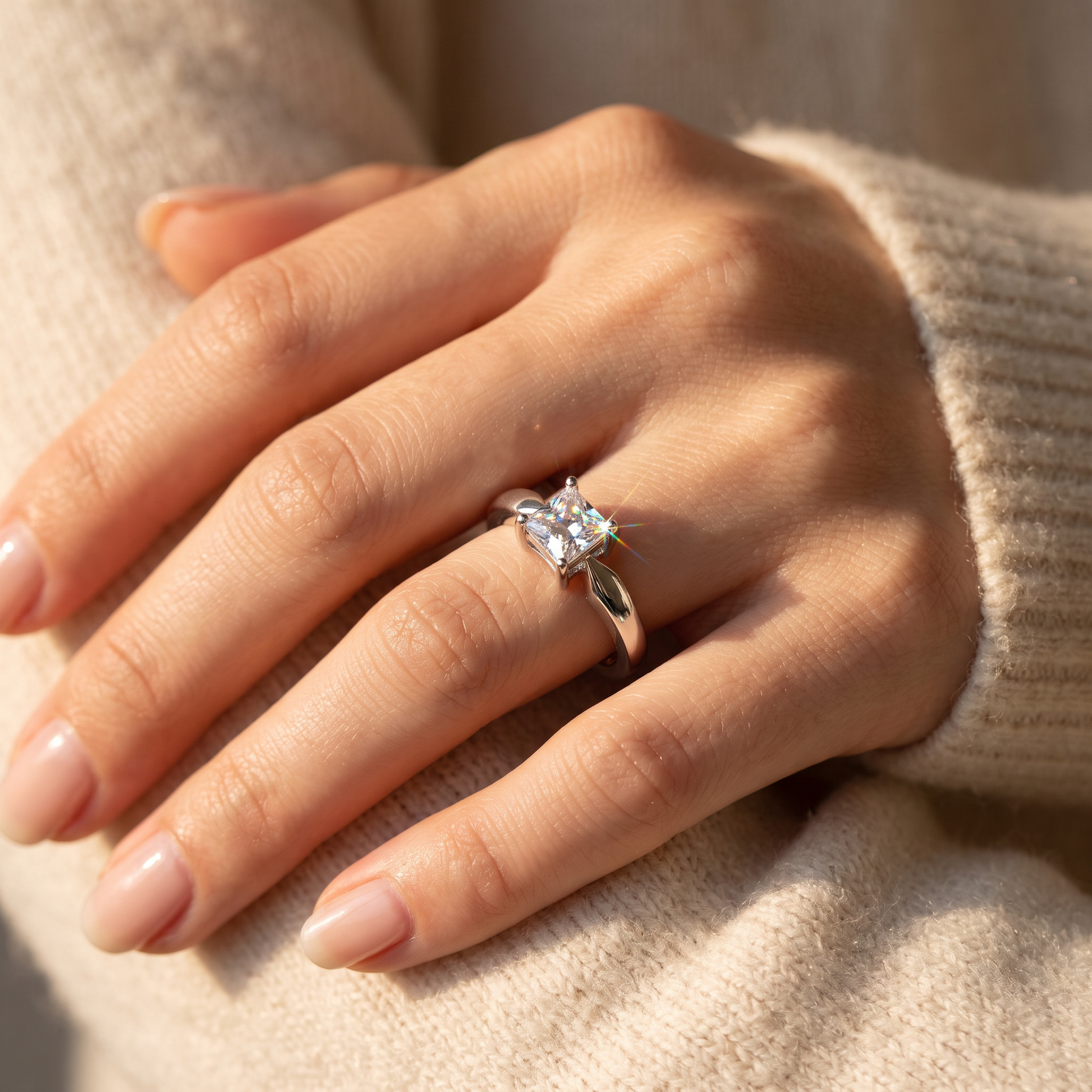 Sterling Silver Square Clear CZ Ring worn on a woman's hand in warm window light