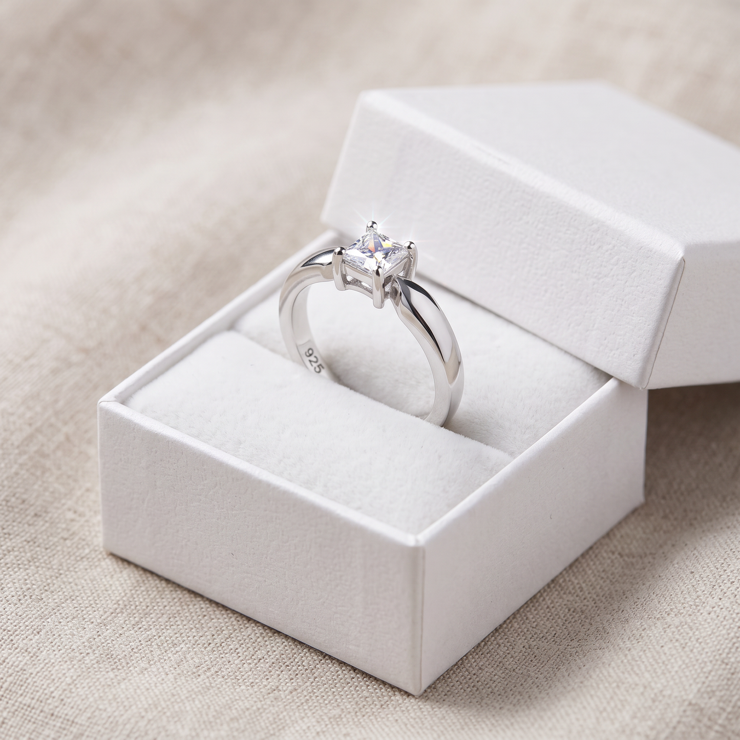 Sterling Silver Square Clear CZ Ring in a white gift box, square clear cz gift for her