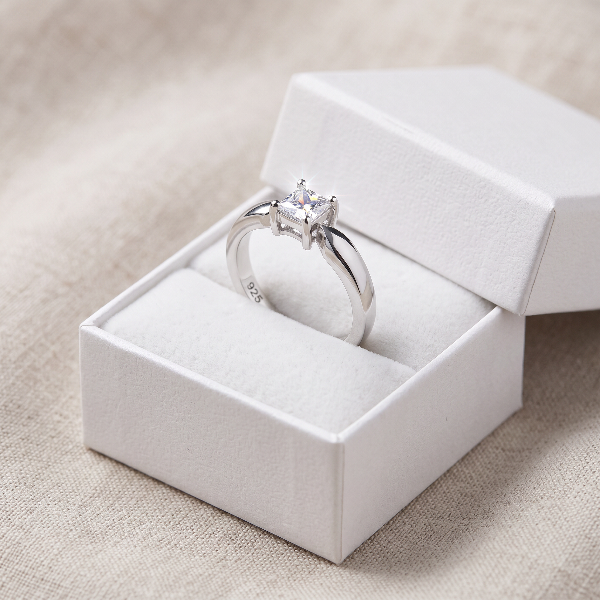 Sterling Silver Square Clear CZ Ring in a white gift box, square clear cz gift for her