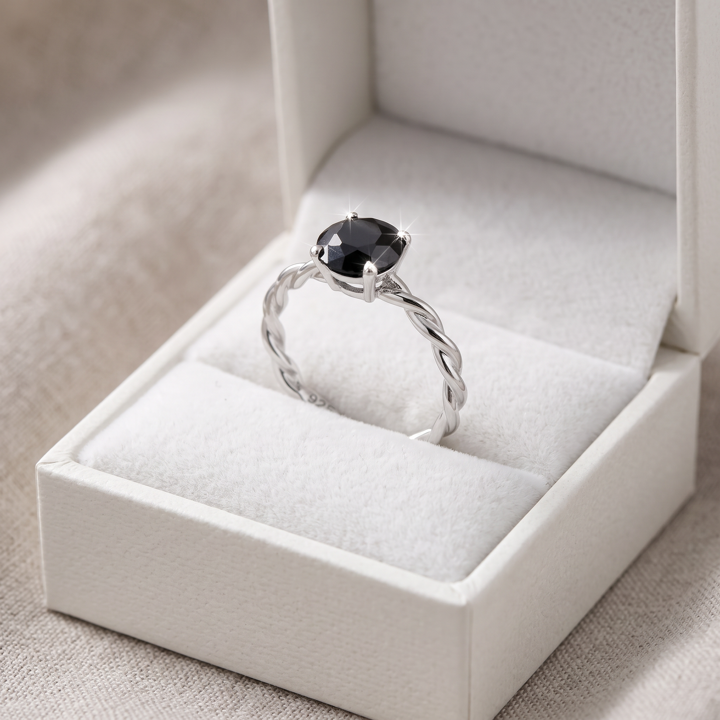 Sterling Silver Black Twisted Band CZ Ring in a white gift box, black twisted band cz gift for her