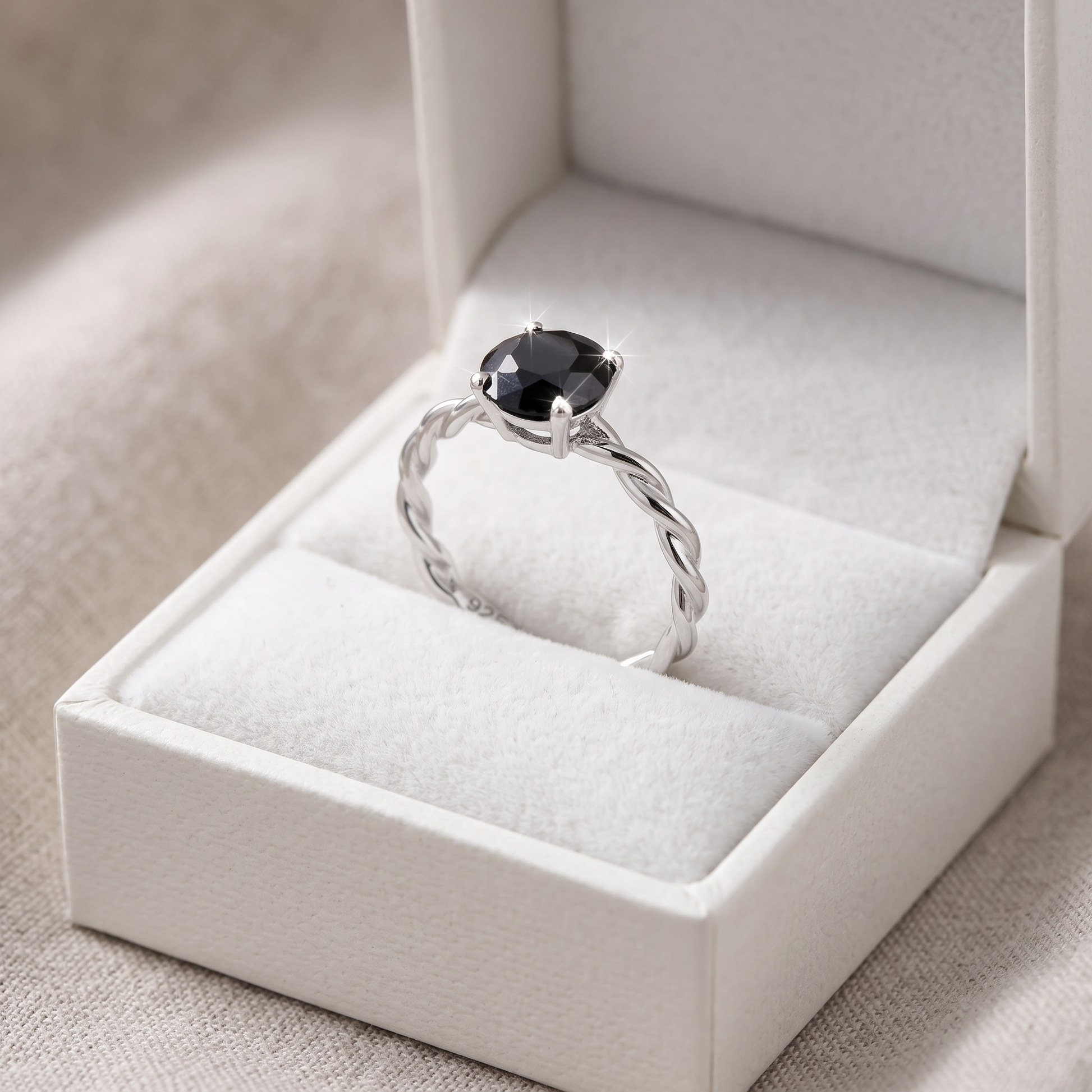 Sterling Silver Black Twisted Band CZ Ring in a white gift box, black twisted band cz gift for her