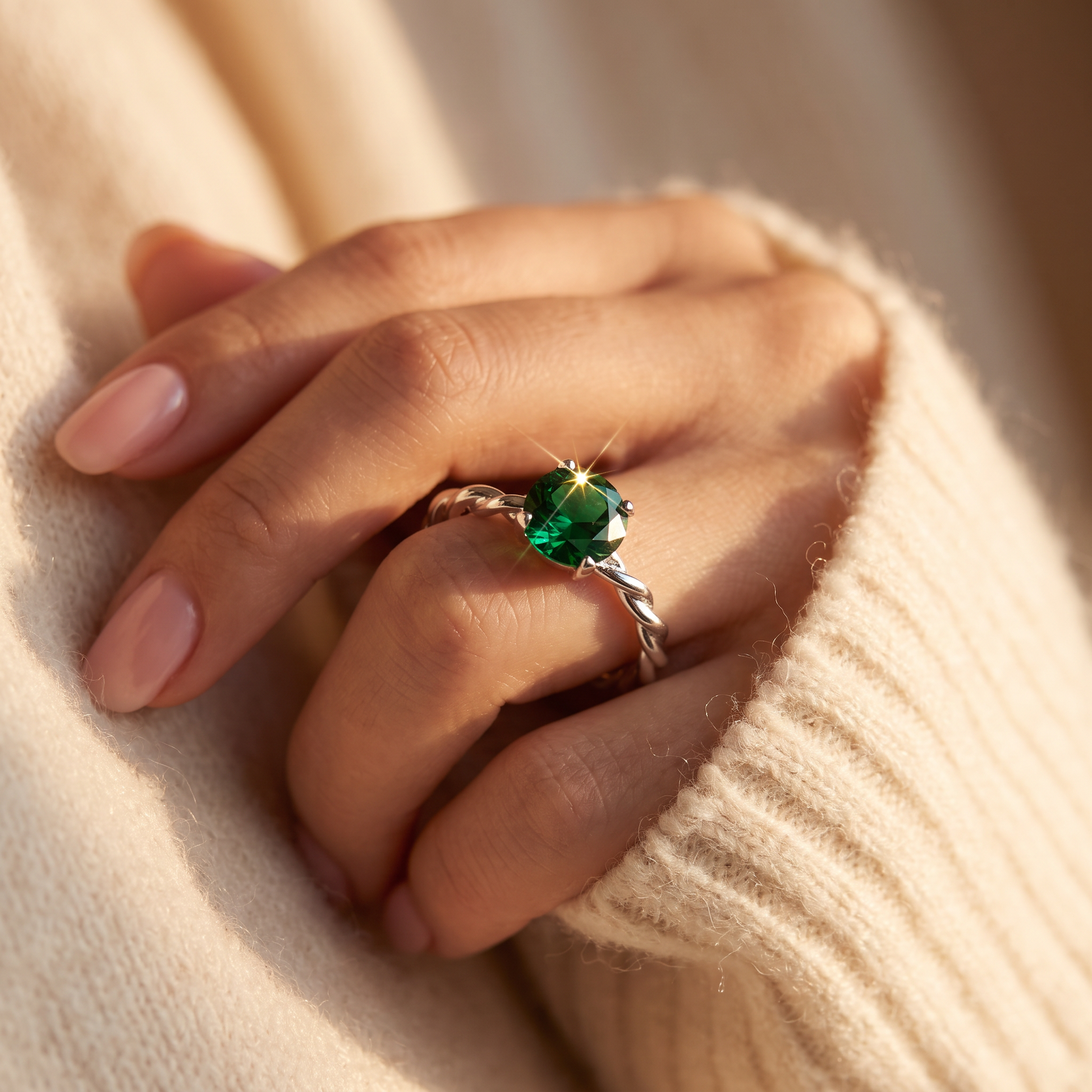 Sterling Silver Emerald Twisted Band CZ Ring worn on a woman's hand in warm window light