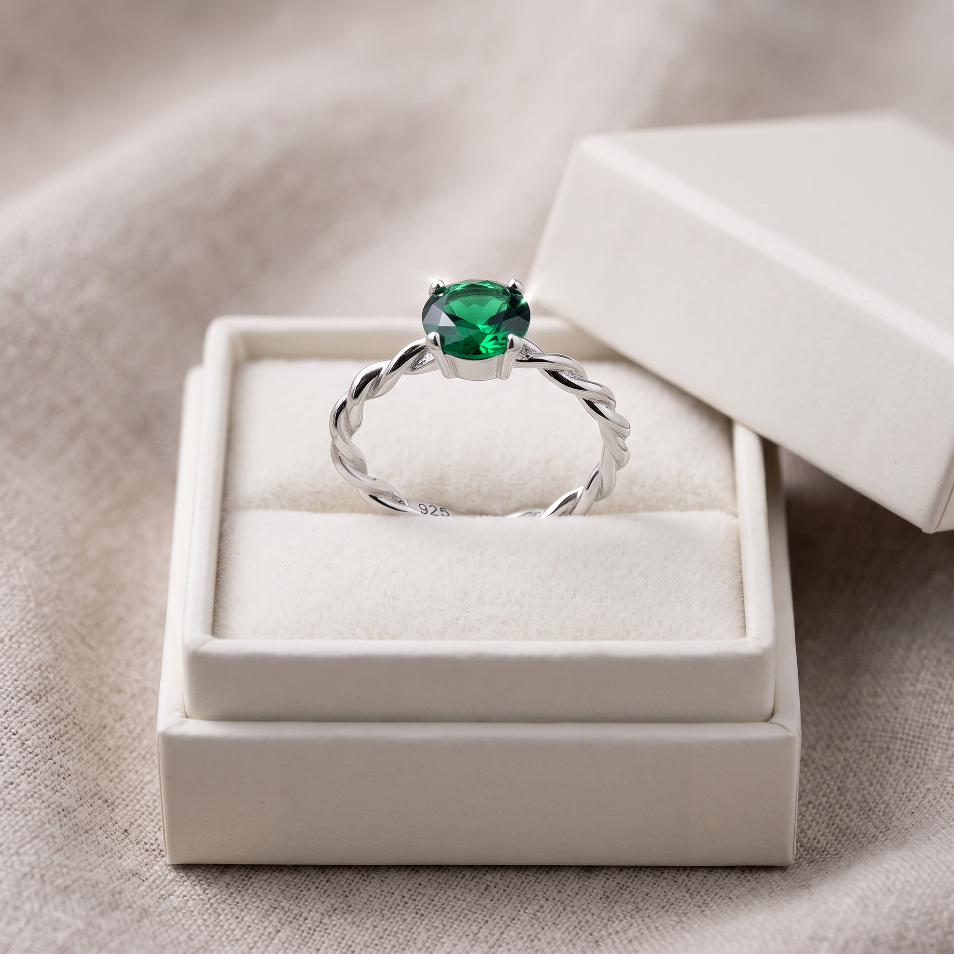 Sterling Silver Emerald Twisted Band CZ Ring in a white gift box, emerald twisted band cz gift for her