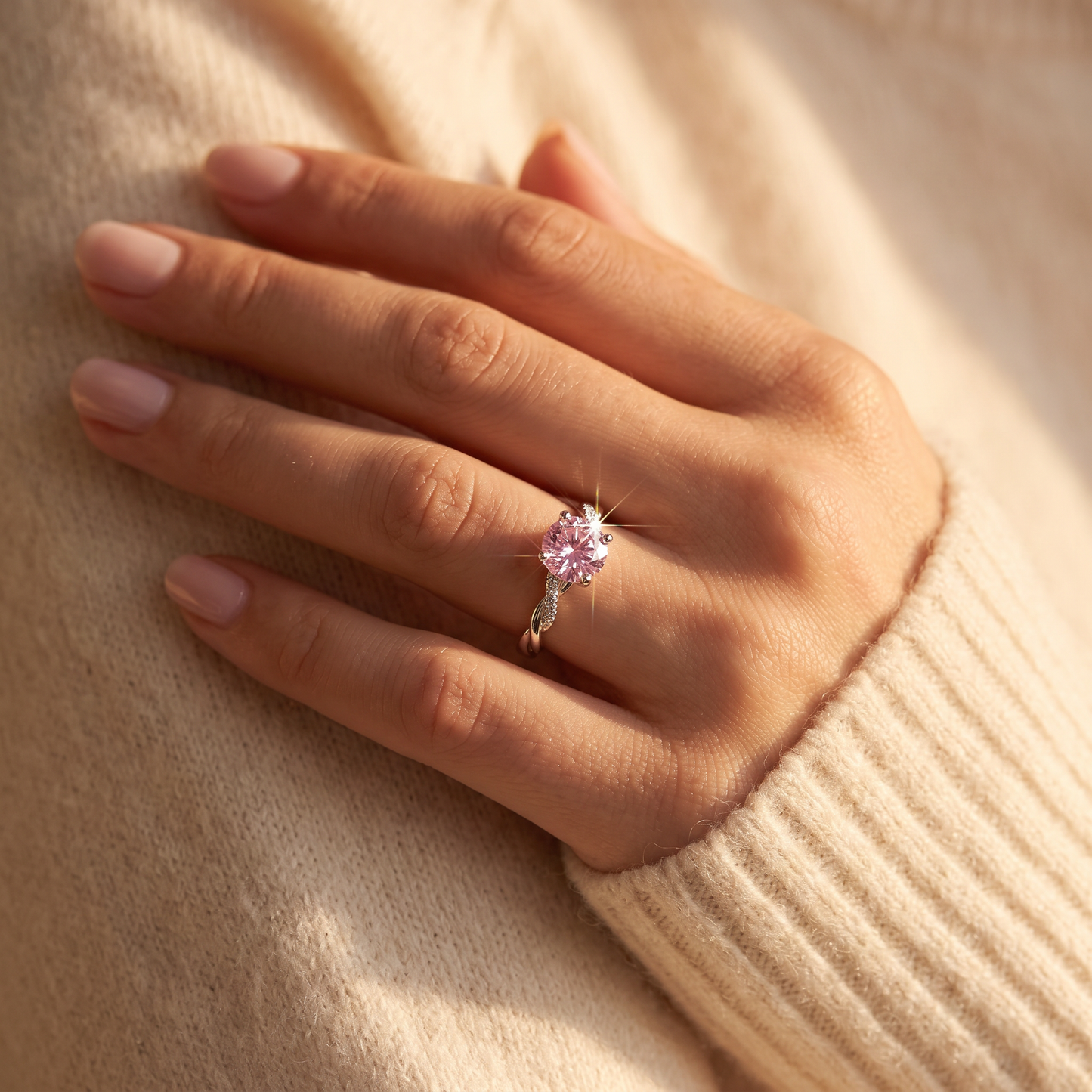 Sterling Silver Pink Twisted Band CZ Ring worn on a woman's hand in warm window light