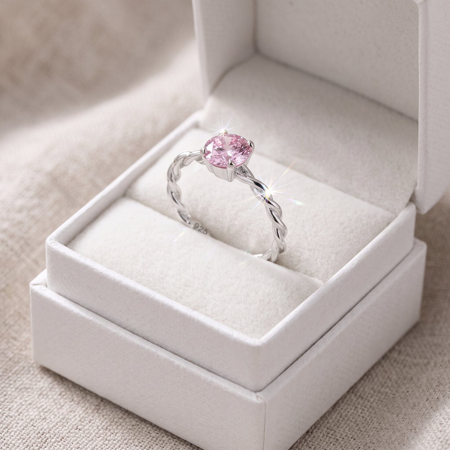 Sterling Silver Pink Twisted Band CZ Ring in a white gift box, pink twisted band cz gift for her