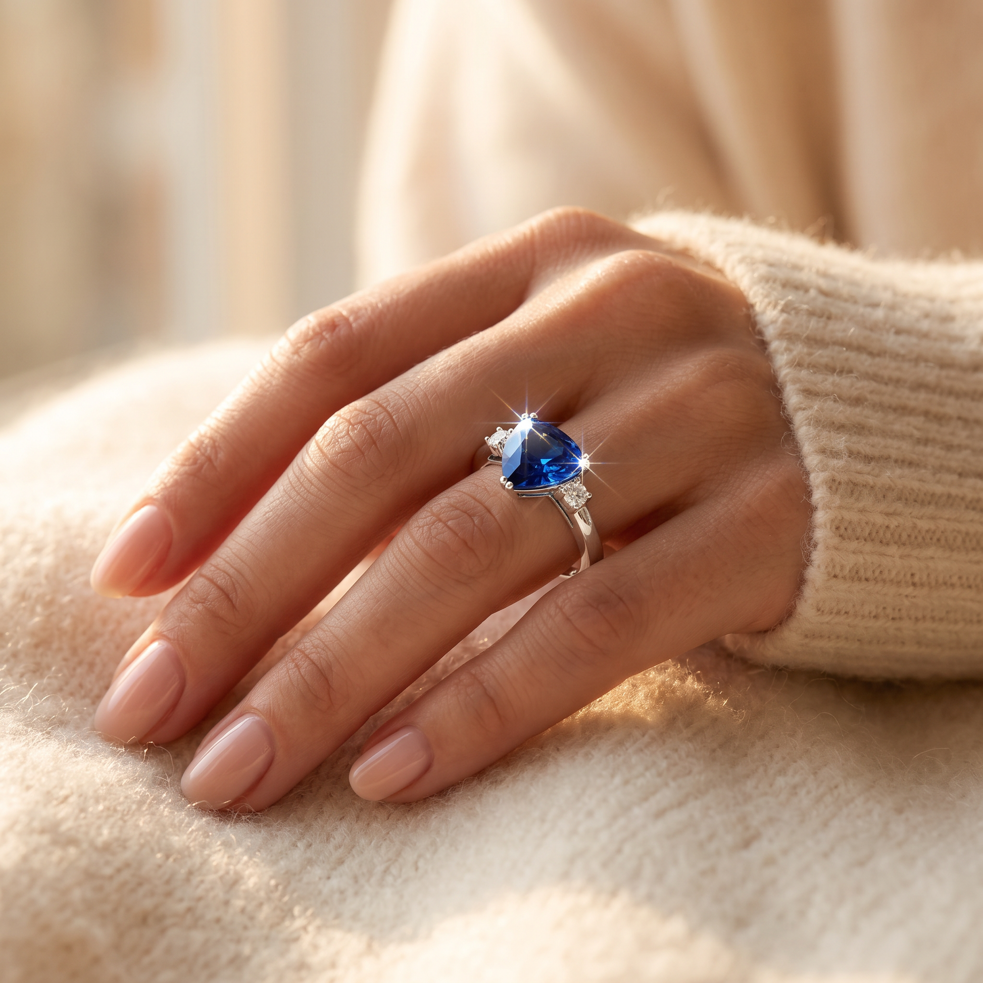 Sterling Silver Trillion Cut Blue Spinel CZ Ring worn on a woman's hand in warm window light