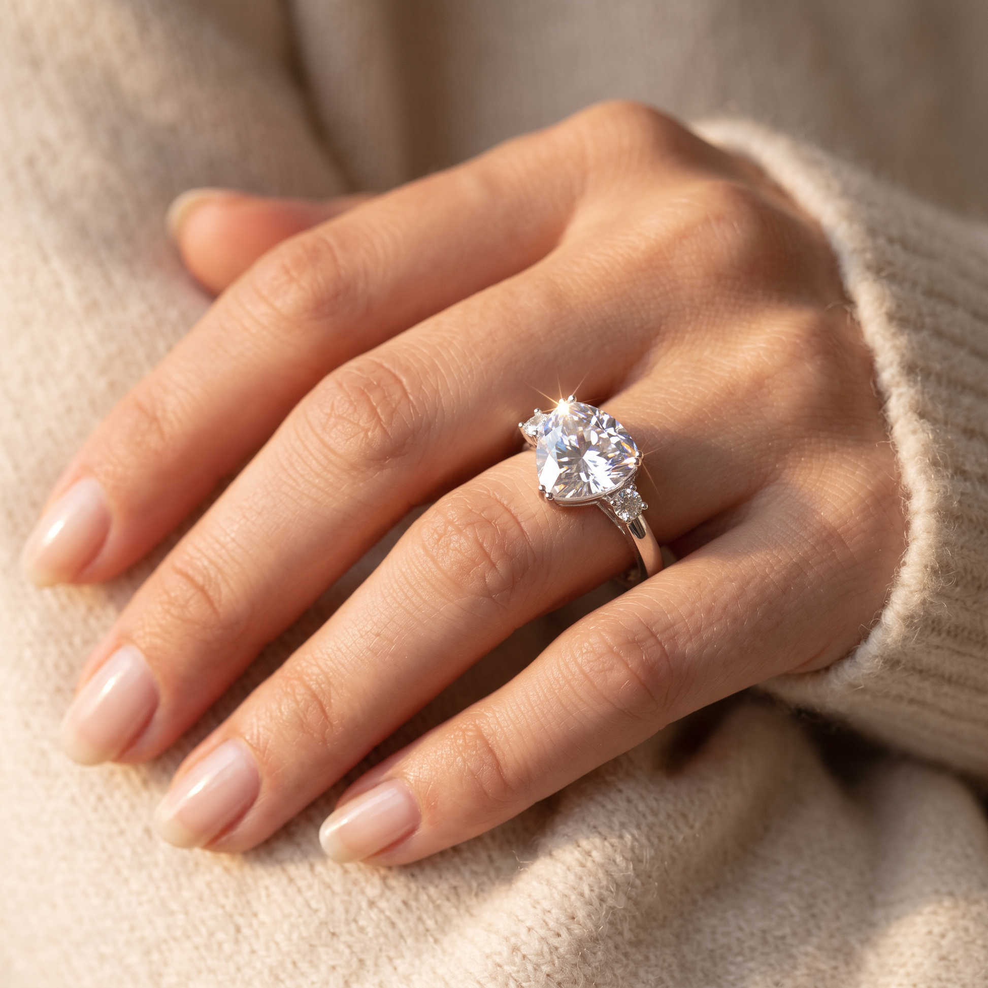 Sterling Silver Trillion Cut Clear CZ Ring worn on a woman's hand in warm window light