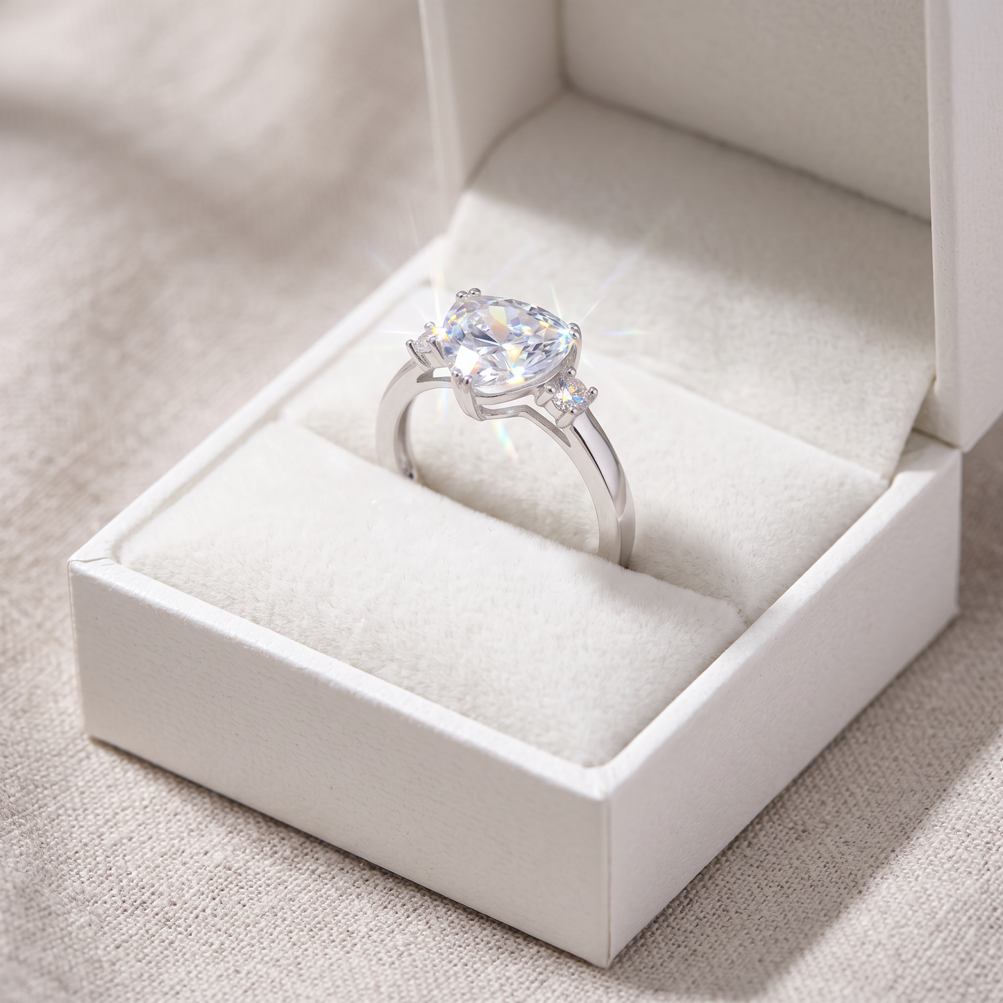 Sterling Silver Trillion Cut Clear CZ Ring in a white gift box, trillion cut clear cz gift for her
