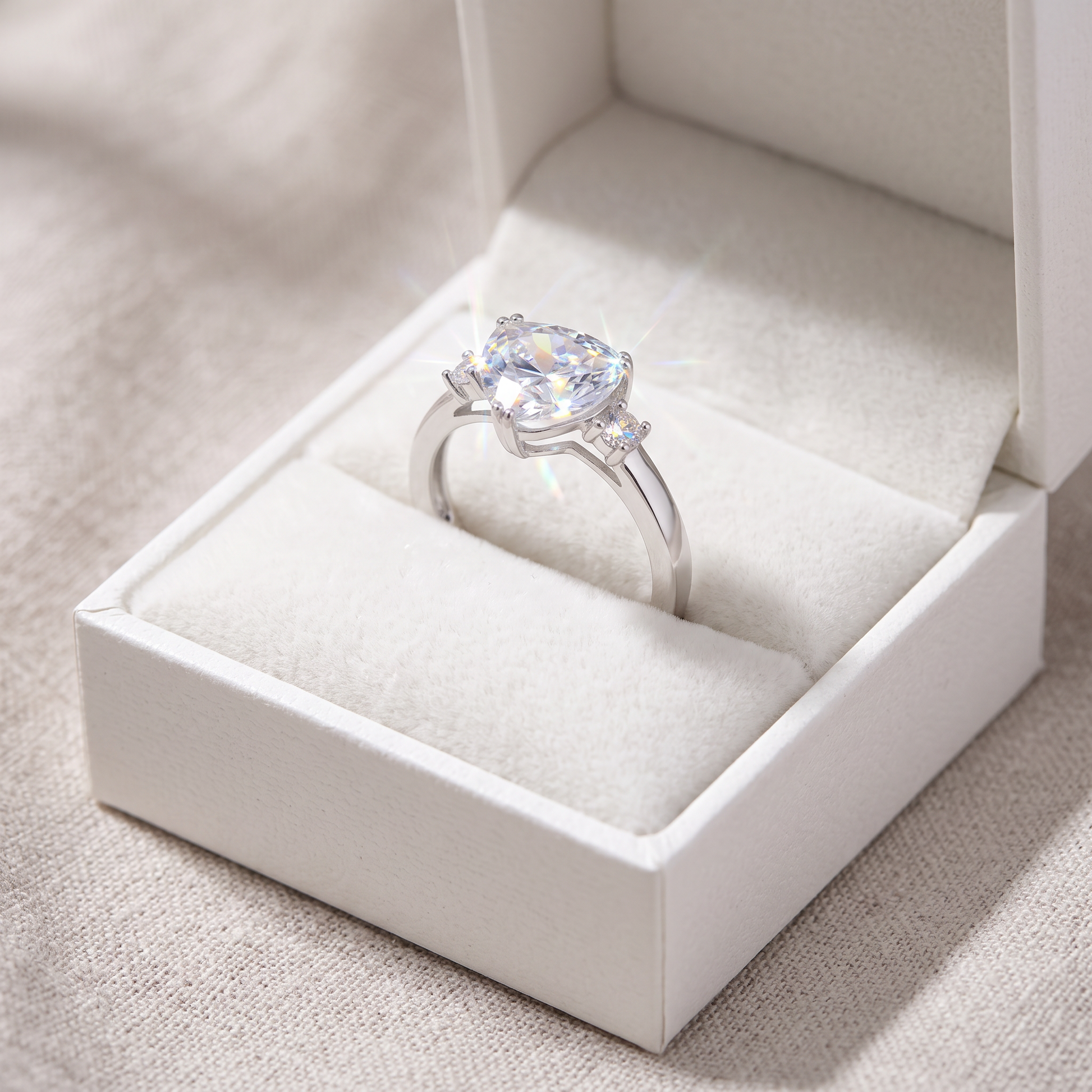 Sterling Silver Trillion Cut Clear CZ Ring in a white gift box, trillion cut clear cz gift for her