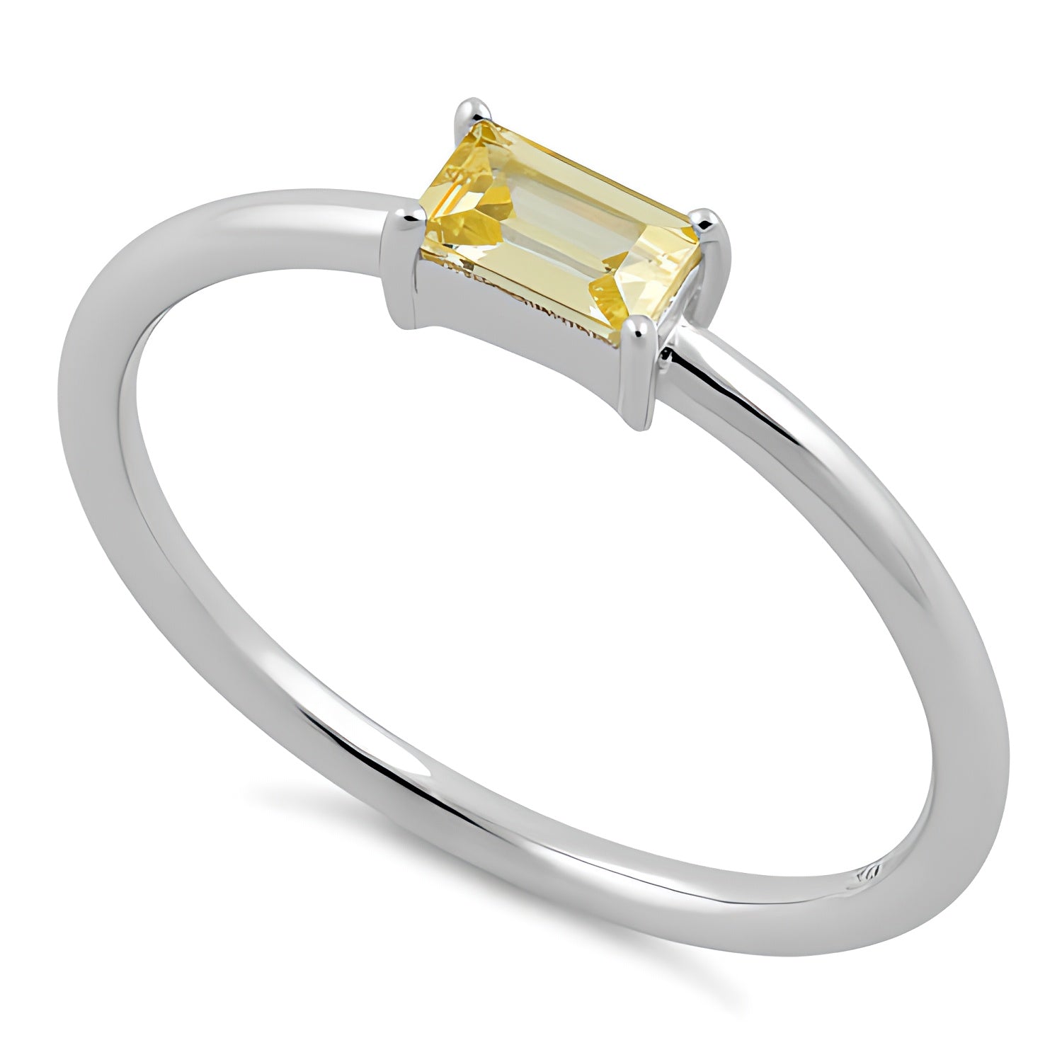 Sterling Silver Dainty Baguette Straight Yellow CZ Ring for Women, Cubic Zirconia, Promise Ring Gift