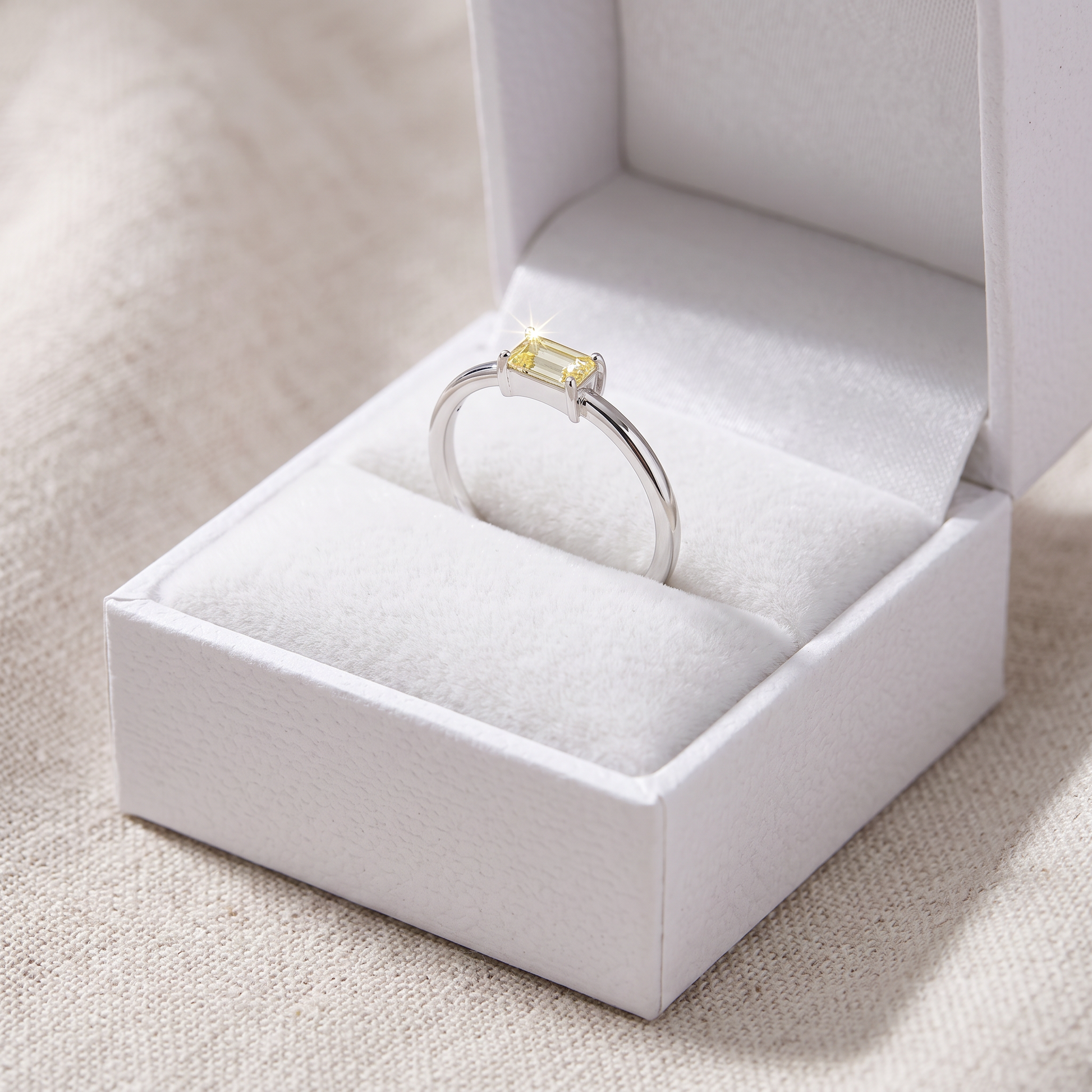 Sterling Silver Dainty Baguette Straight Yellow CZ Ring in a white gift box, dainty baguette straight yellow cz gift for her