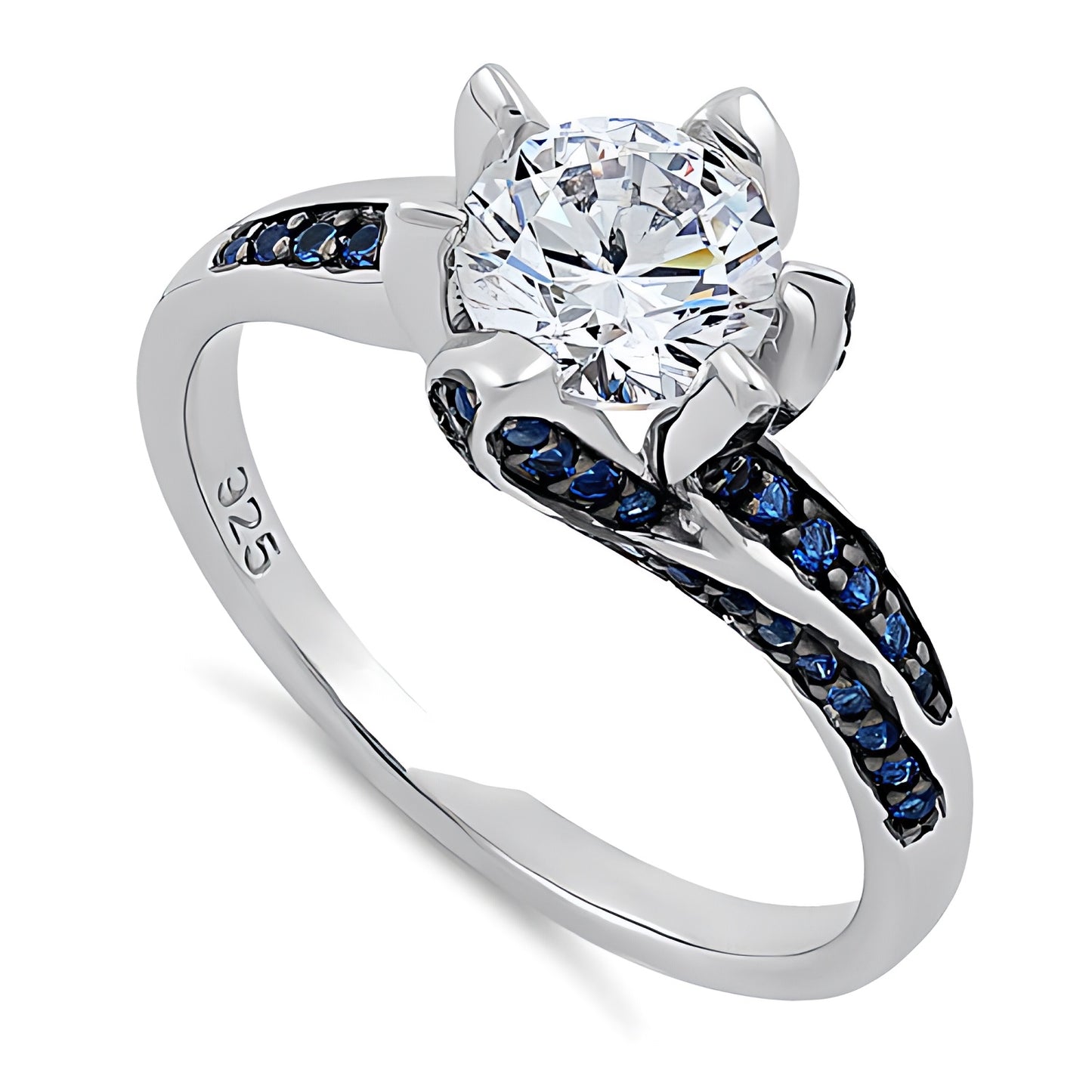 Sterling Silver Round Cut Clear & Blue Spinel CZ Ring for Women, Round Cubic Zirconia, Promise Ring Gift