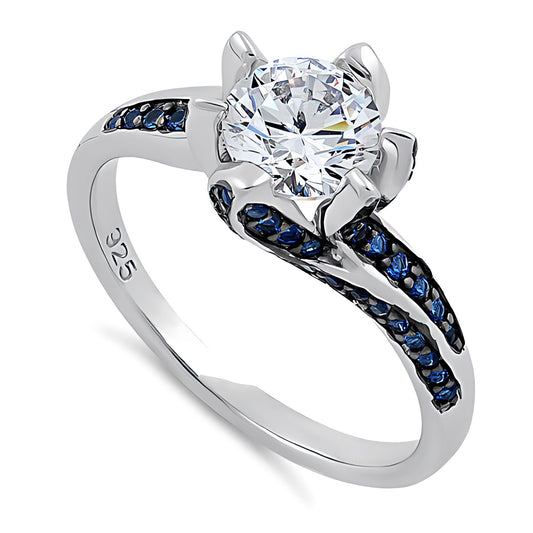 Sterling Silver Round Cut Clear & Blue Spinel CZ Ring for Women, Round Cubic Zirconia, Promise Ring Gift