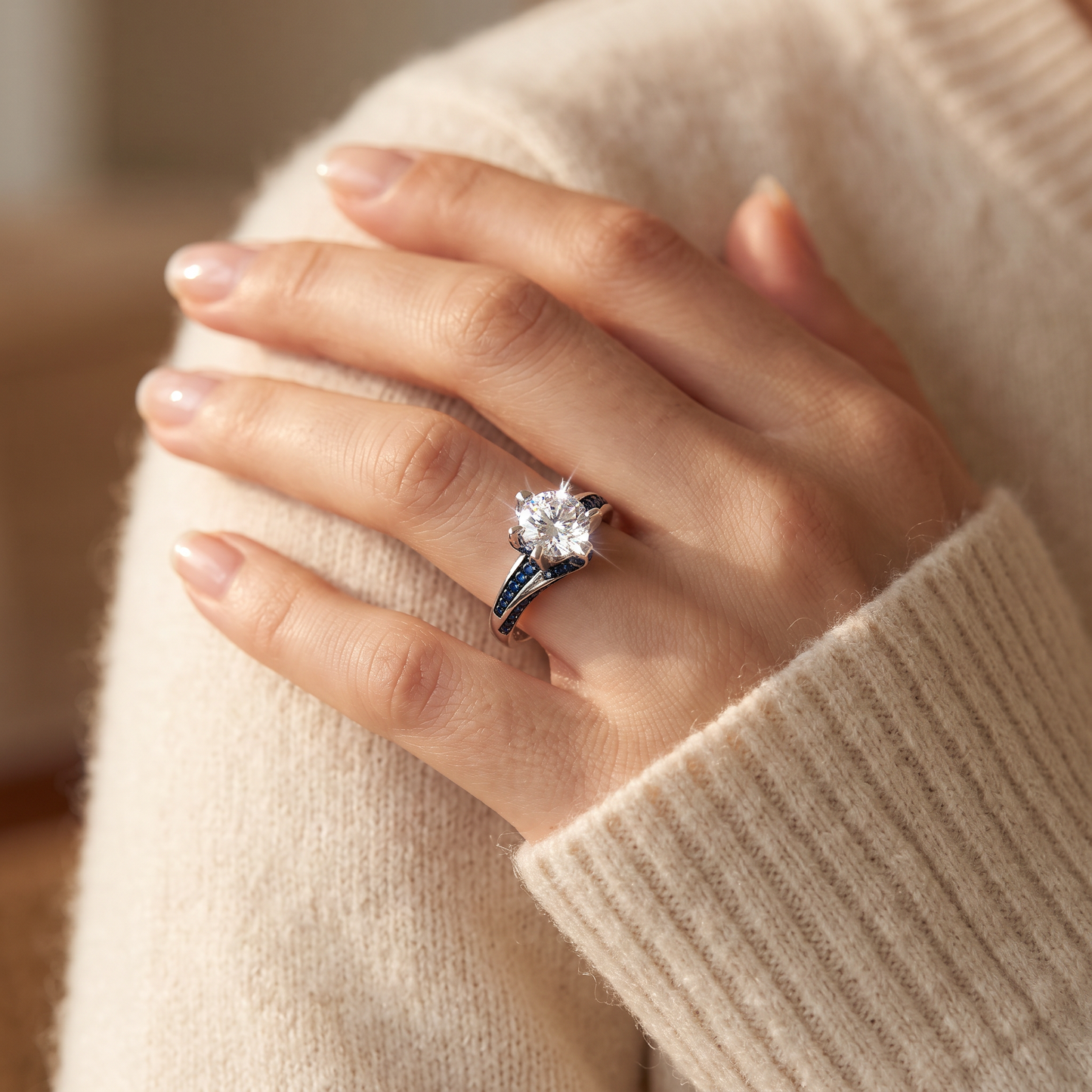 Sterling Silver Round Cut Clear & Blue Spinel CZ Ring worn on a woman's hand in warm window light