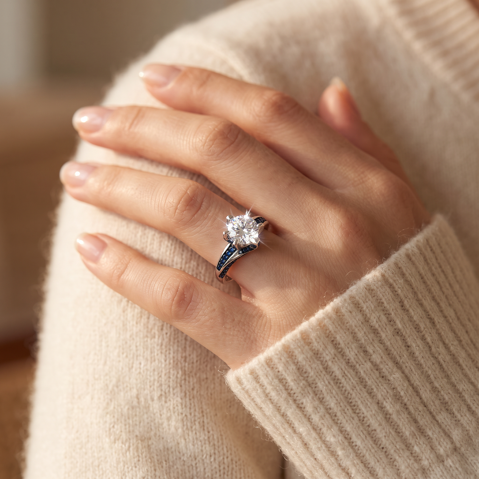Sterling Silver Round Cut Clear & Blue Spinel CZ Ring worn on a woman's hand in warm window light