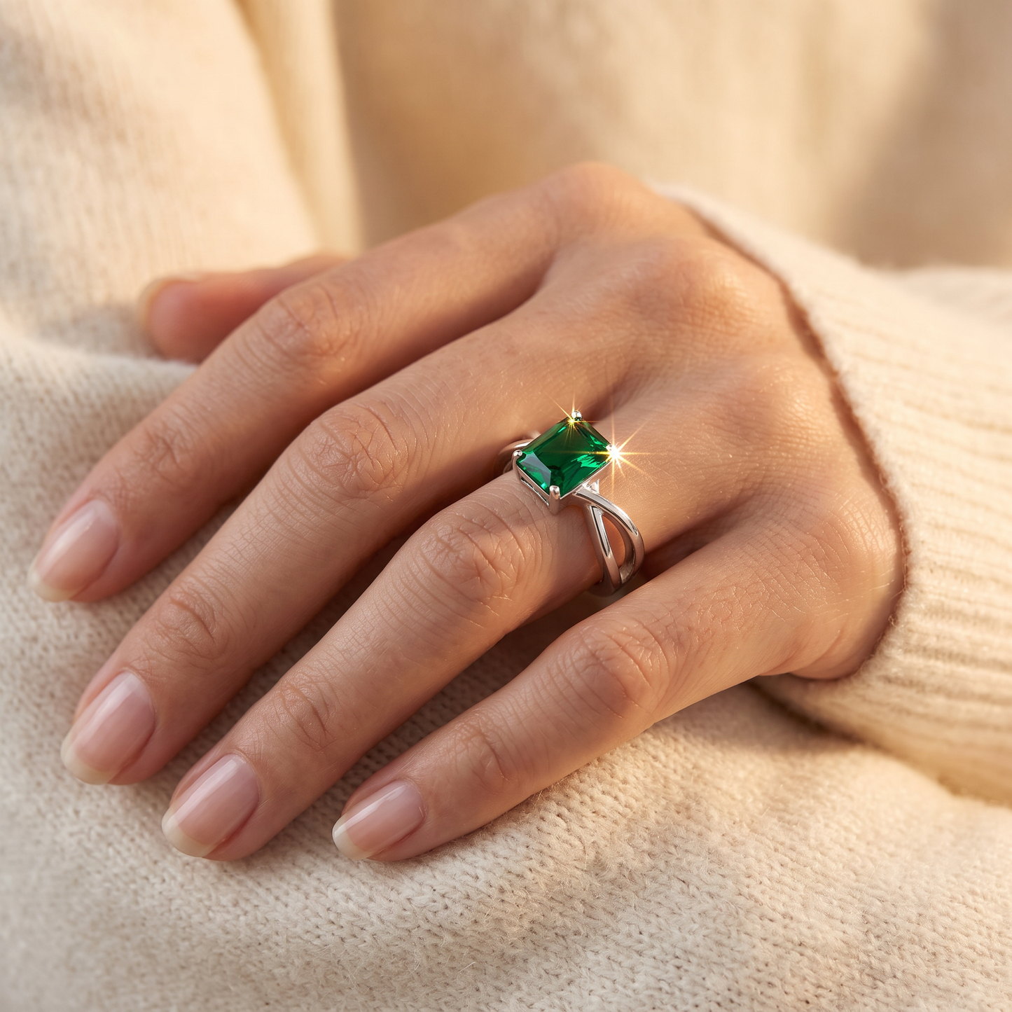 Sterling Silver Twist Emerald Cut Emerald CZ Ring worn on a woman's hand in warm window light