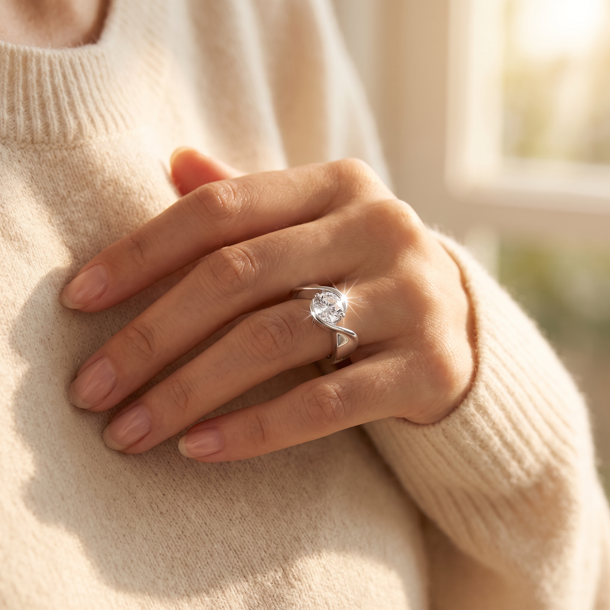 Sterling Silver Twisted Round Clear CZ Ring worn on a woman's hand in warm window light