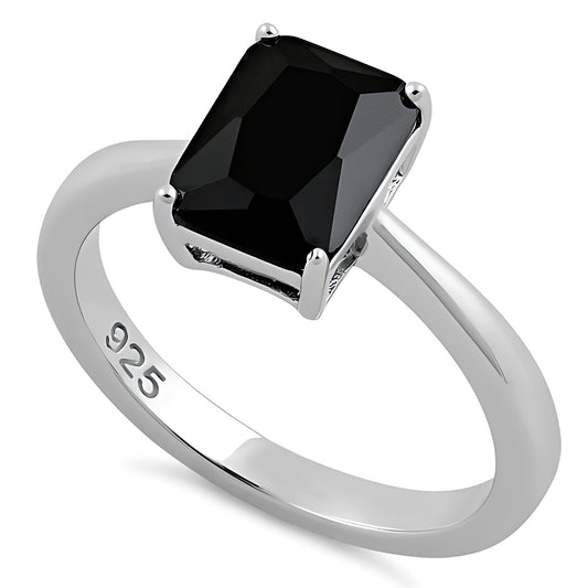 Sterling Silver Solitaire Emerald Cut Black CZ Ring for Women, Emerald Cubic Zirconia, Promise Ring Gift